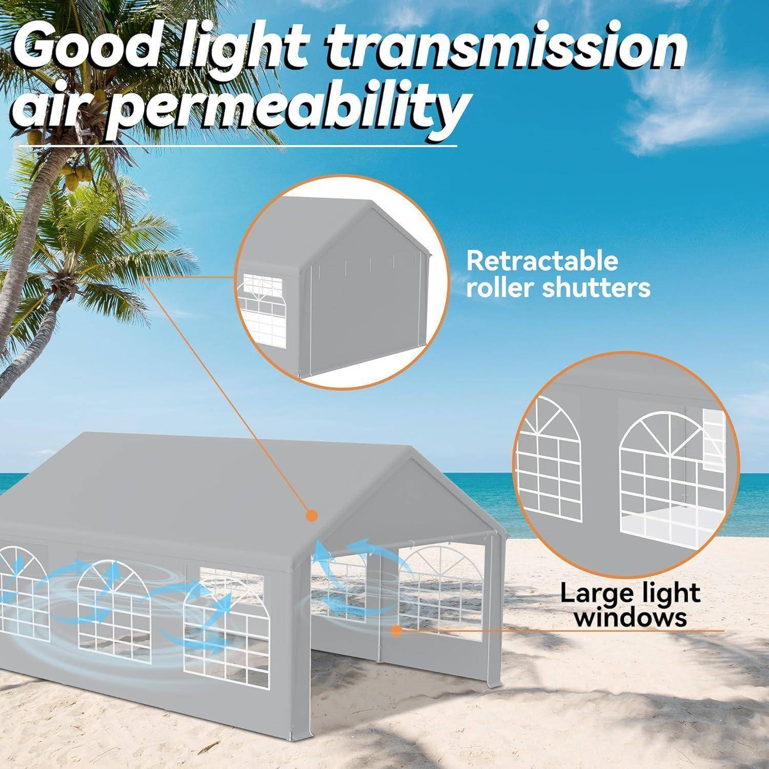 Illustration eines Strandzelts mit guter Lichttransmission und Luftdurchlässigkeit, das ausziehbare Rollläden und große Lichter Fenster zeigt.