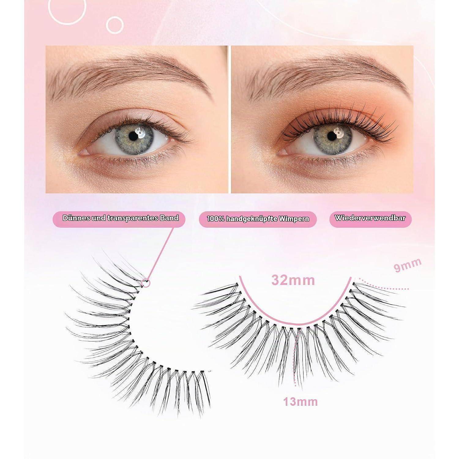 Künstliche Wimpern, dargestellt mit Vorher-Nachher-Fotos der Augen und einem Diagramm, das ein dünnes transparentes Band hervorhebt, handgefertigte Wimpern, wiederverwendbar, in den Größen 32 mm und 13 mm.