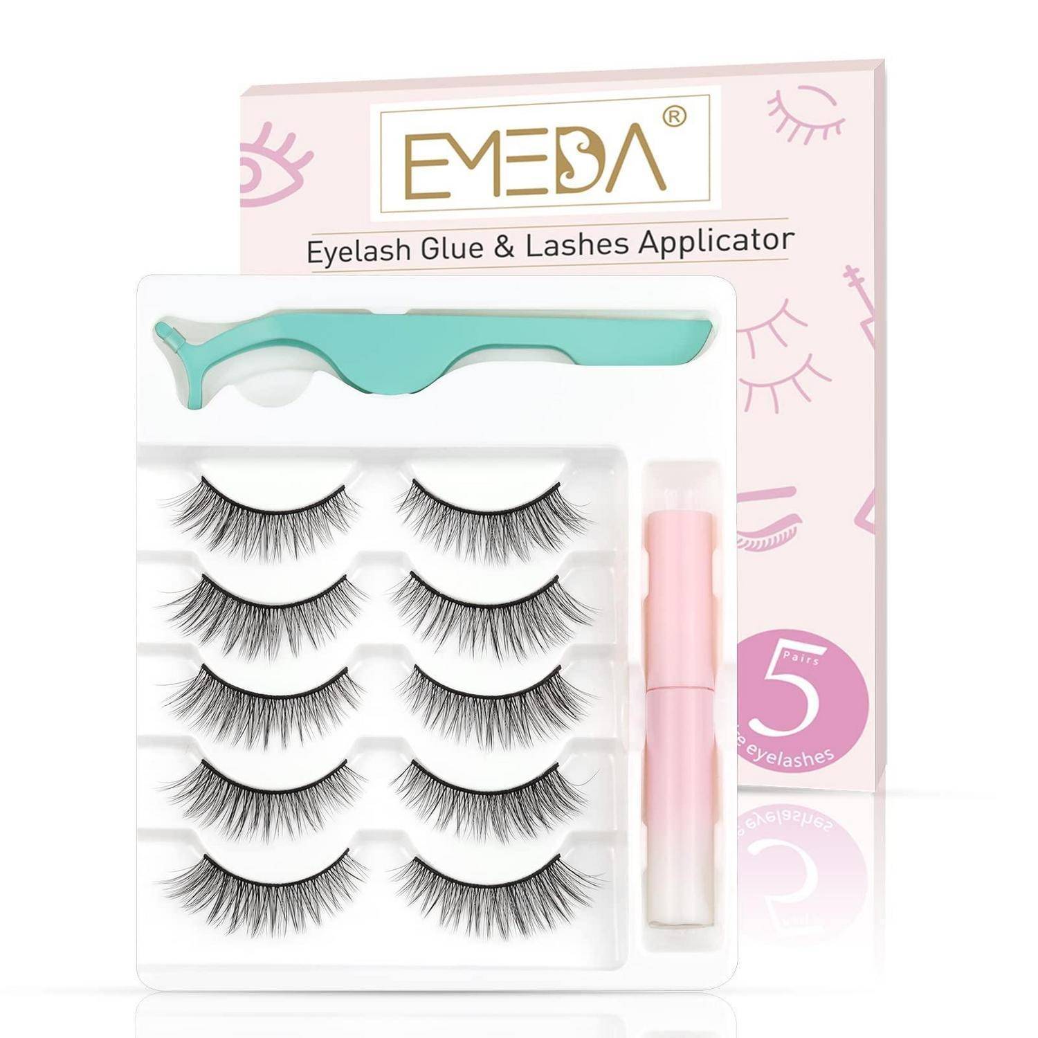 EMEDA Wimpernkleber und Wimpernapplikator-Set mit einem türkisfarbenen Applikator, rosa Leimtube und fünf Paar künstliche Wimpern in einem transparenten Behälter.