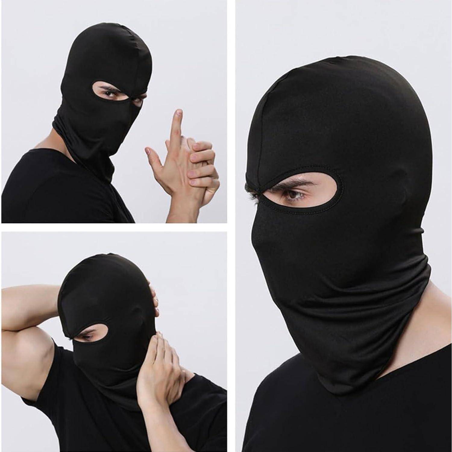 Collage, das eine Person zeigt, die aus verschiedenen Winkeln eine schwarze Sturmhaube trägt, wobei nur die Augen sichtbar sind.