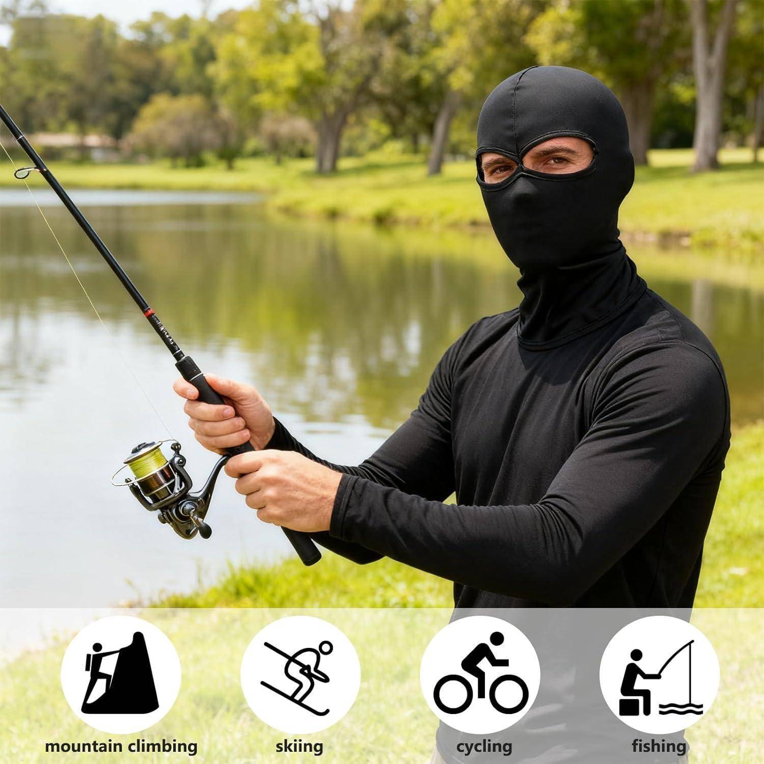 Person mit Maske, die eine Angelrute an einem See hält; Symbole entlang des unteren Randes zeigen Bergsteigen, Skifahren, Radfahren und Angeln.