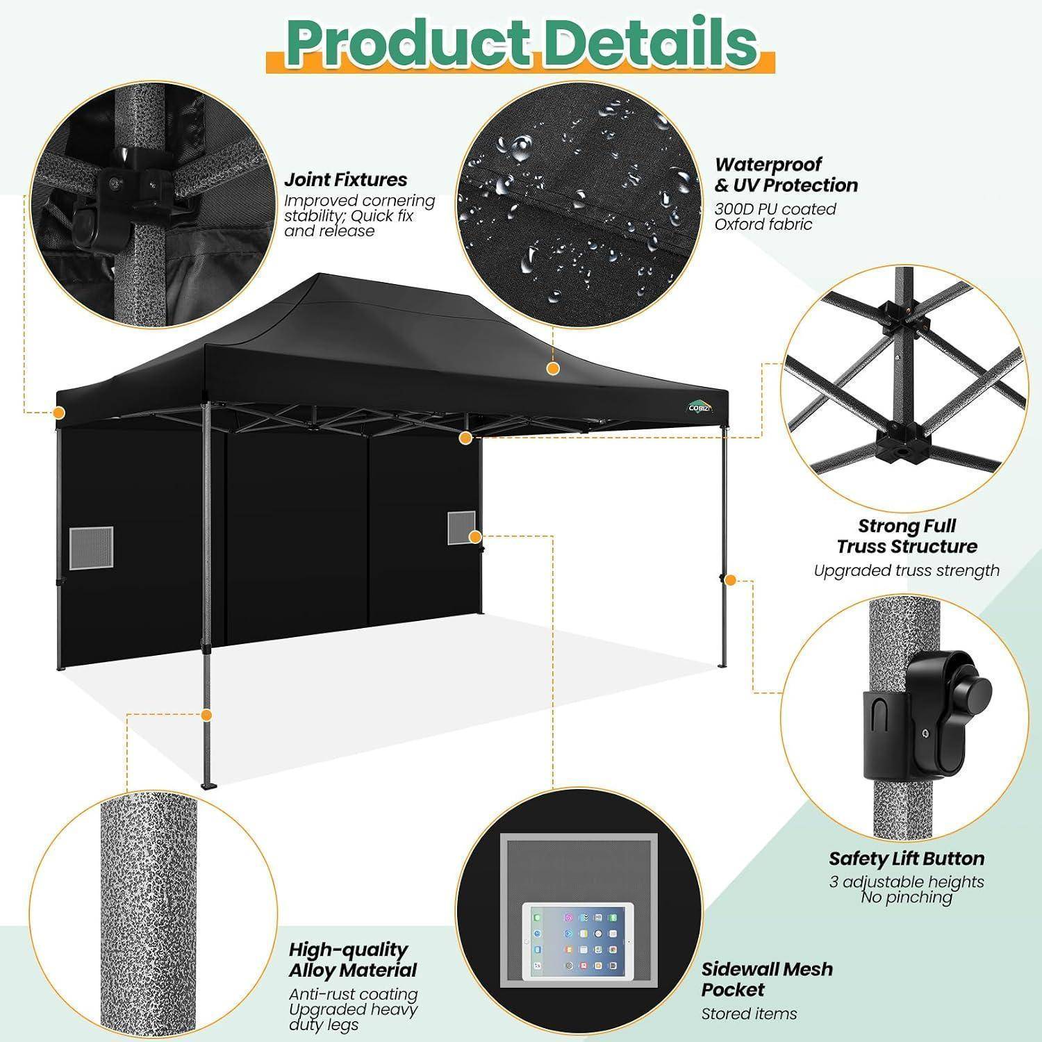 Diagramm eines schwarzen Pop-Up-Baldachins mit der Bezeichnung „Produktdetails" mit Beschriftungen für wasserdichtes UV-geschütztes Gewebe, starke Fachwerk-Struktur, Seitenwand-Netztasche, Sicherheitshebel, Aluminium-Material und Verbindungsfittings.