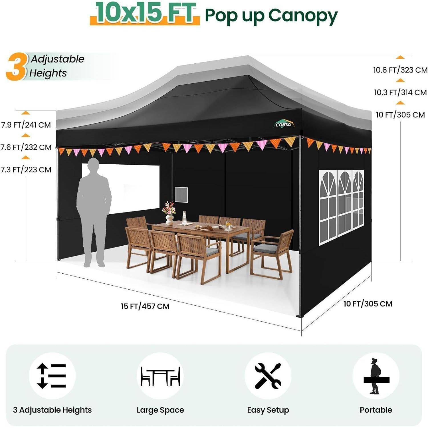 10x15 ft Pop-up-Zelt mit 3 verstellbaren Höhen, zeigt einen großen tragbaren Außenschutz mit einem Tisch und Stühlen im Inneren.