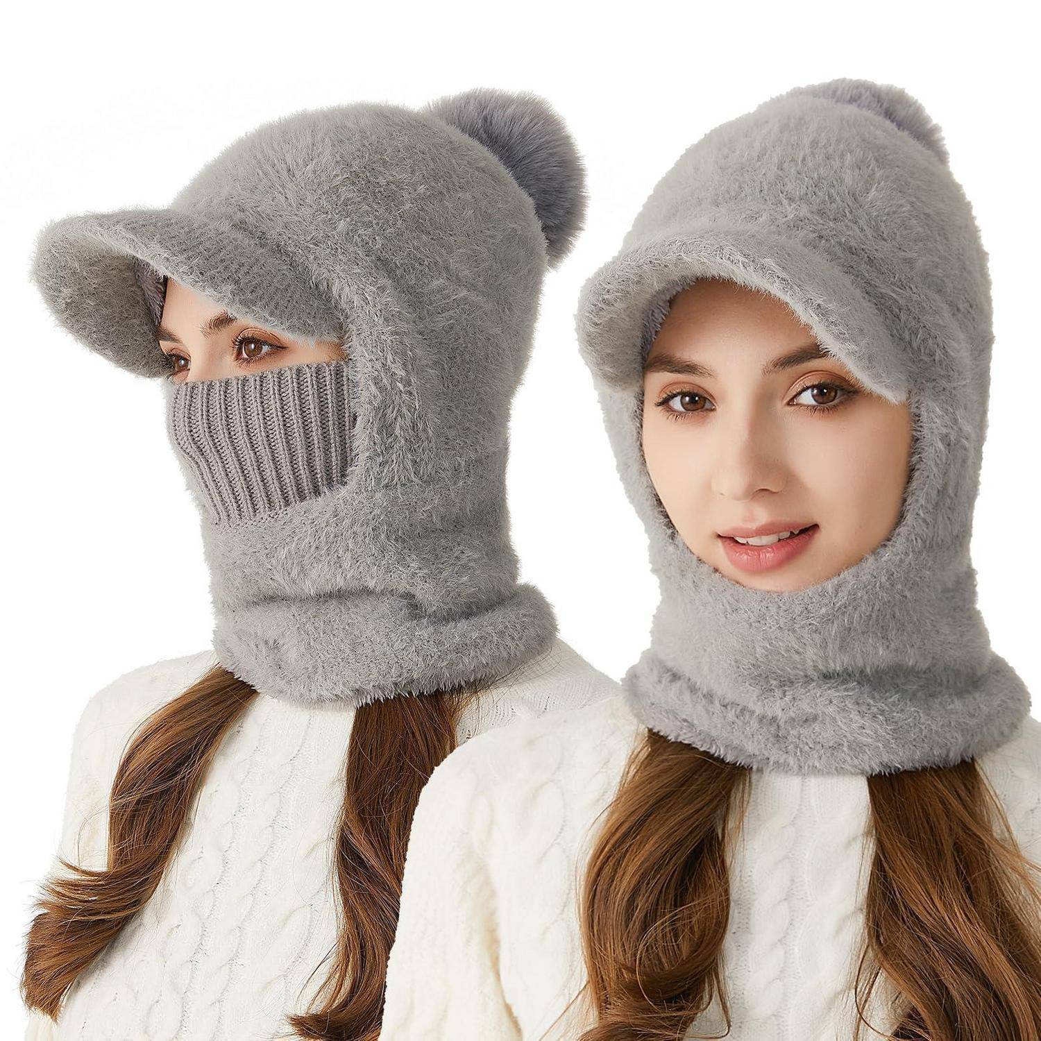 Zwei Ansichten einer Frau, die einen grauen flauschigen Winterhut mit angebrachter Gesichts- und Halsabdeckung trägt, zeigt die Vorder- und Seitenverwendung zum Schutz vor Kältewetter.
