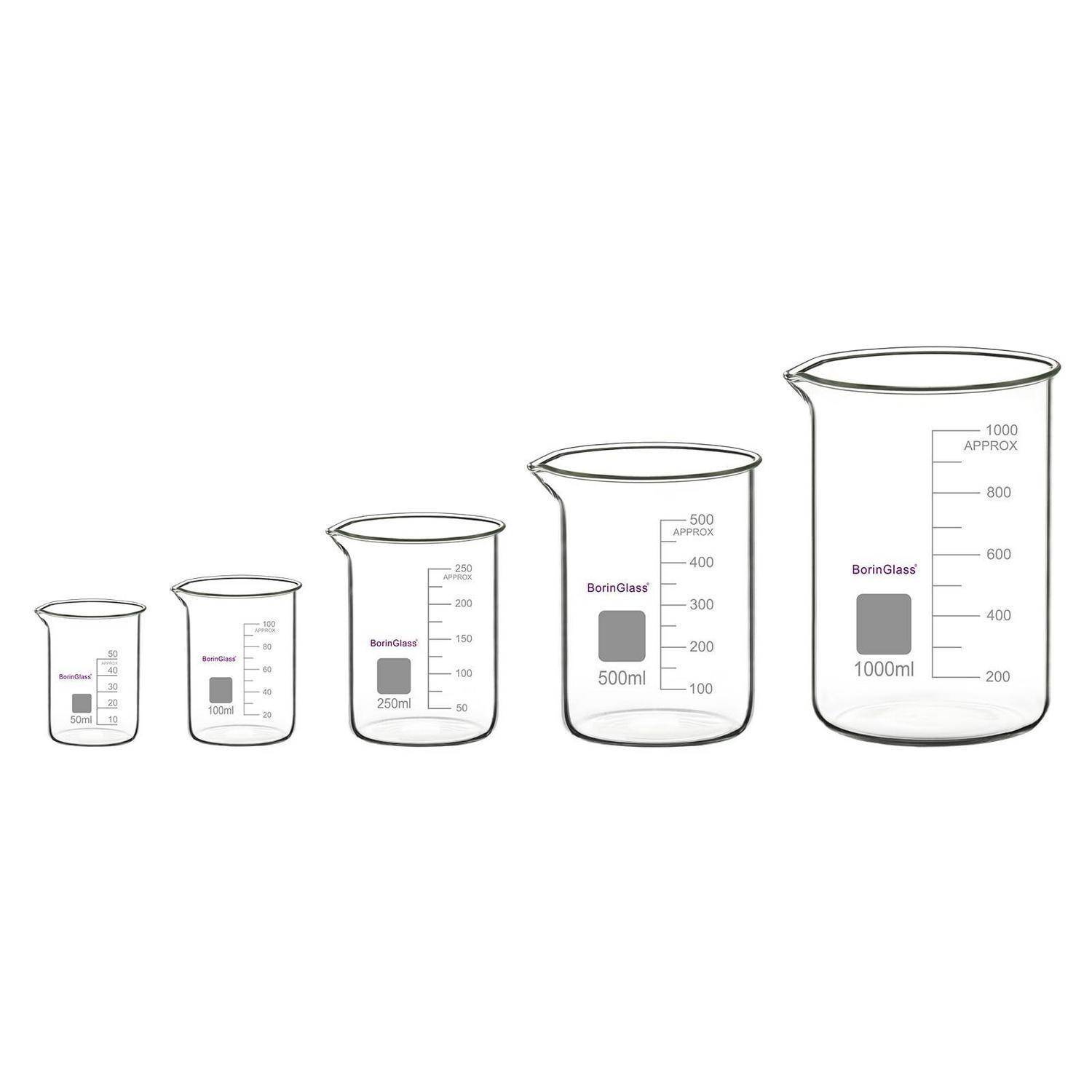 Fünf Borosilikat-Bechergläser in zunehmender Größe, beschriftet mit 250ml, 500ml und 1000ml mit Volumengraduierungen.