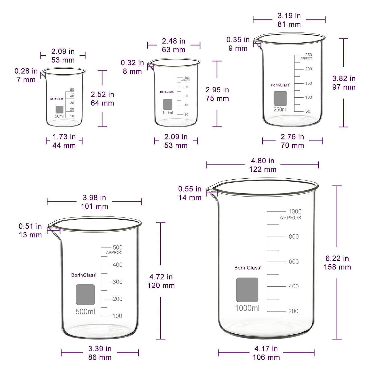 Diagramm von fünf Glasbechern in den Größen 50ml, 100ml, 250ml, 500ml und 1000ml mit beschrifteten Abmessungen in Zoll und Millimetern.
