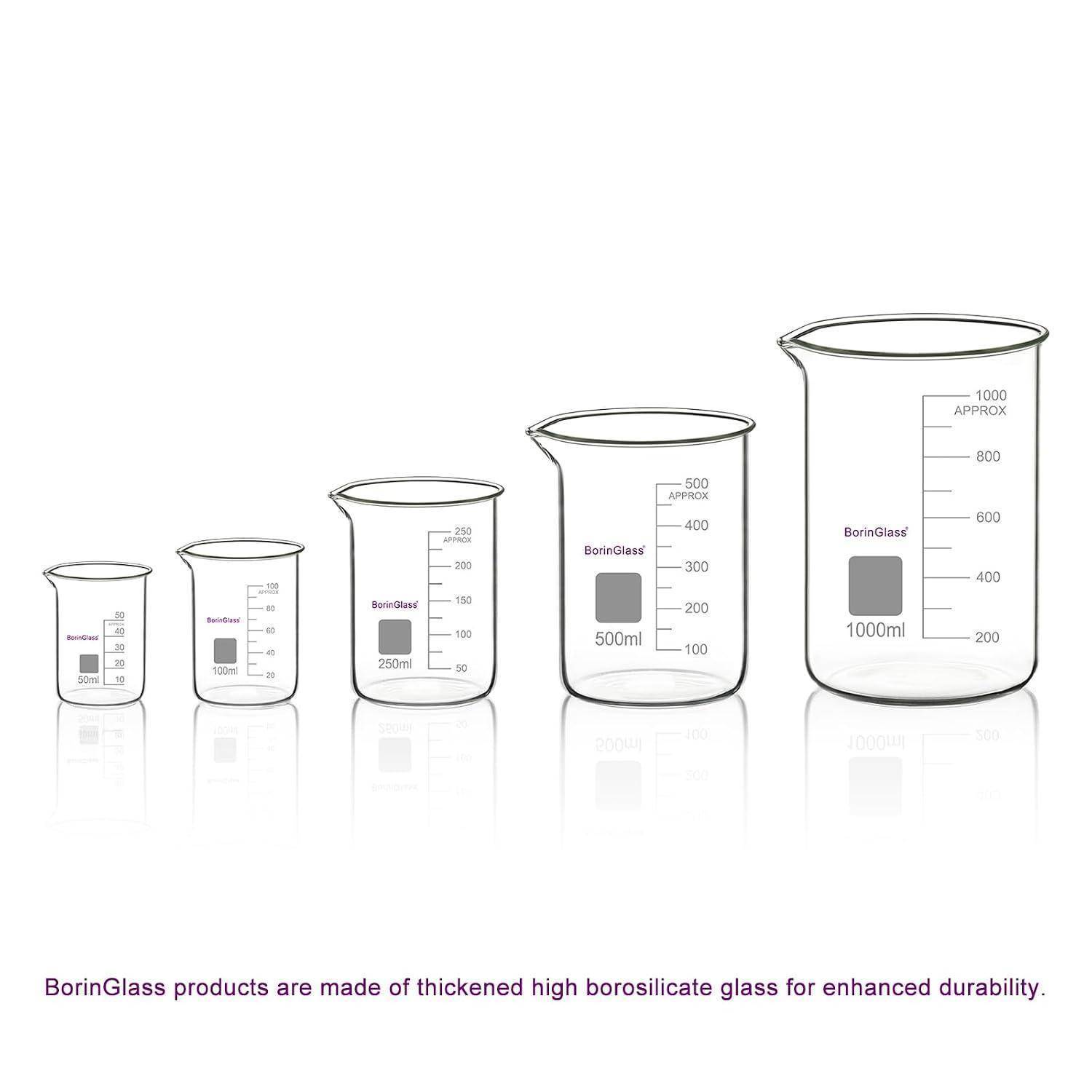 Fünf BorinGlass-Becher in steigenden Größen, von klein bis 1000 ml, mit Messskalen und einer Haltbarkeitsnote unten.