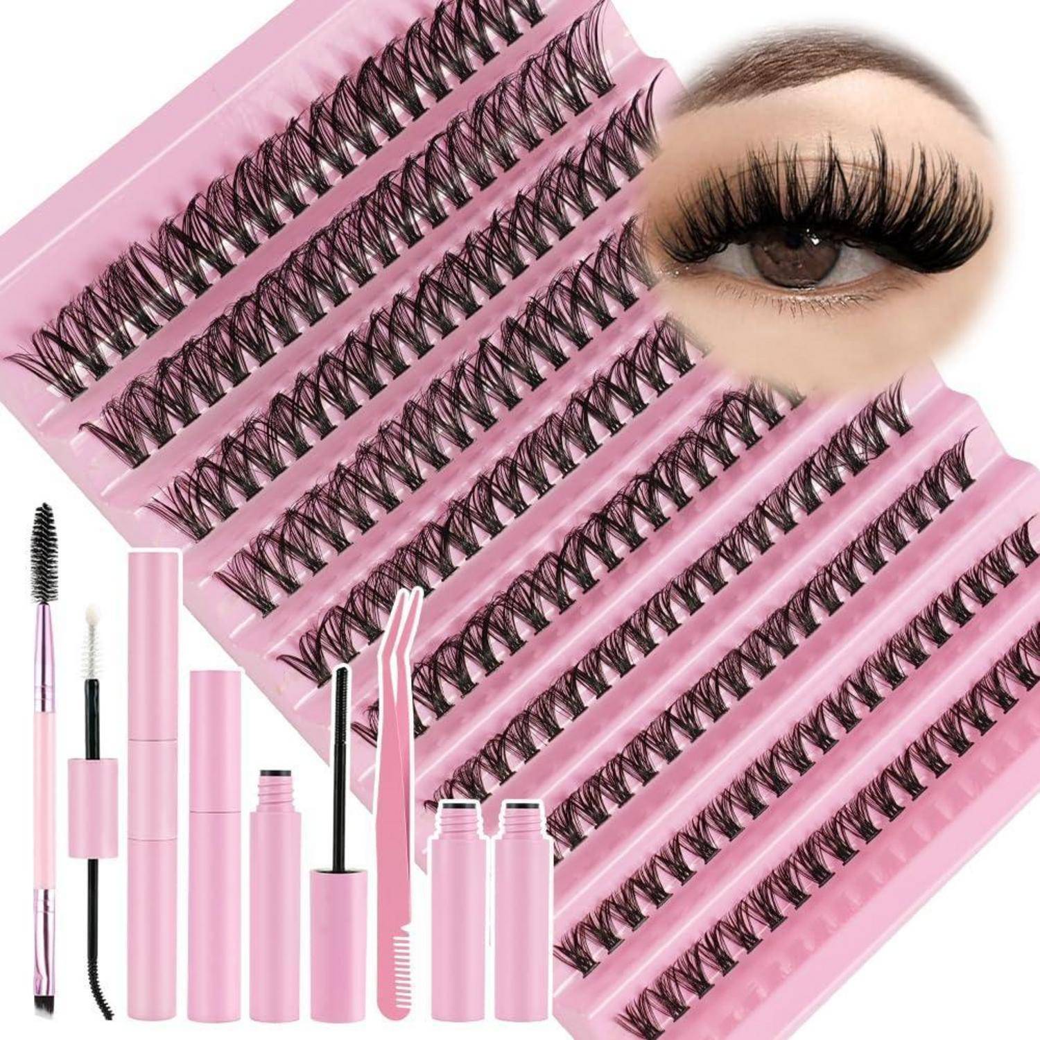 Rosa künstliche Wimpern und Mascara-Applikatoren in Verpackung ausgestellt, mit einer Nahaufnahme eines Auges, das lange, dramatische Wimpern zeigt.
