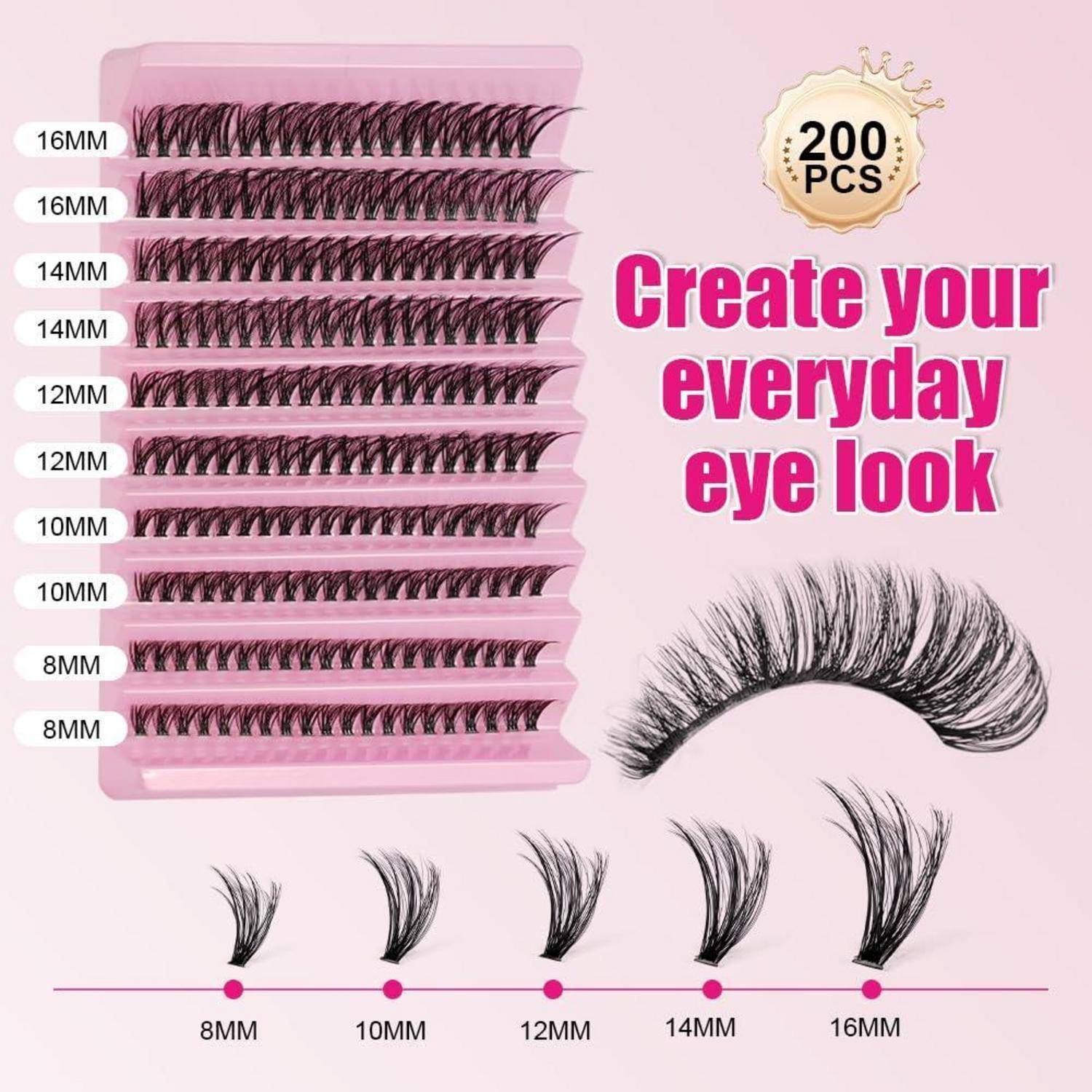 Rosa Wimpernverlängerungs-Palette mit 200 Stück in 8 mm bis 16 mm Längen, mit „Erstelle deinen alltäglichen Augenlook