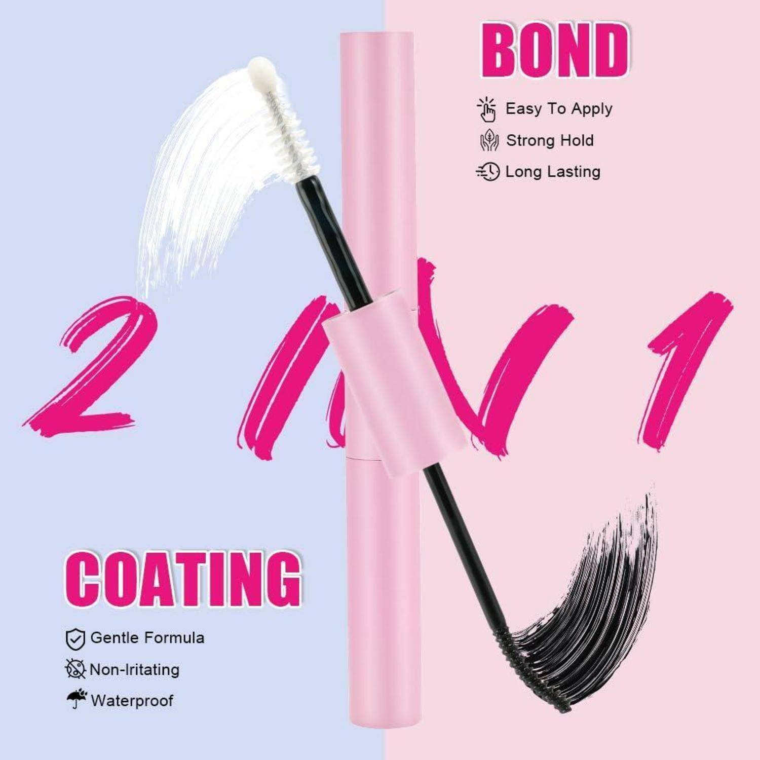 Wimperntusche-Zauberstab mit weiß und schwarz beschichteten Borsten an rosa Griff, gezeigt vor geteiltem blauem und rosa Hintergrund mit Text „BOND