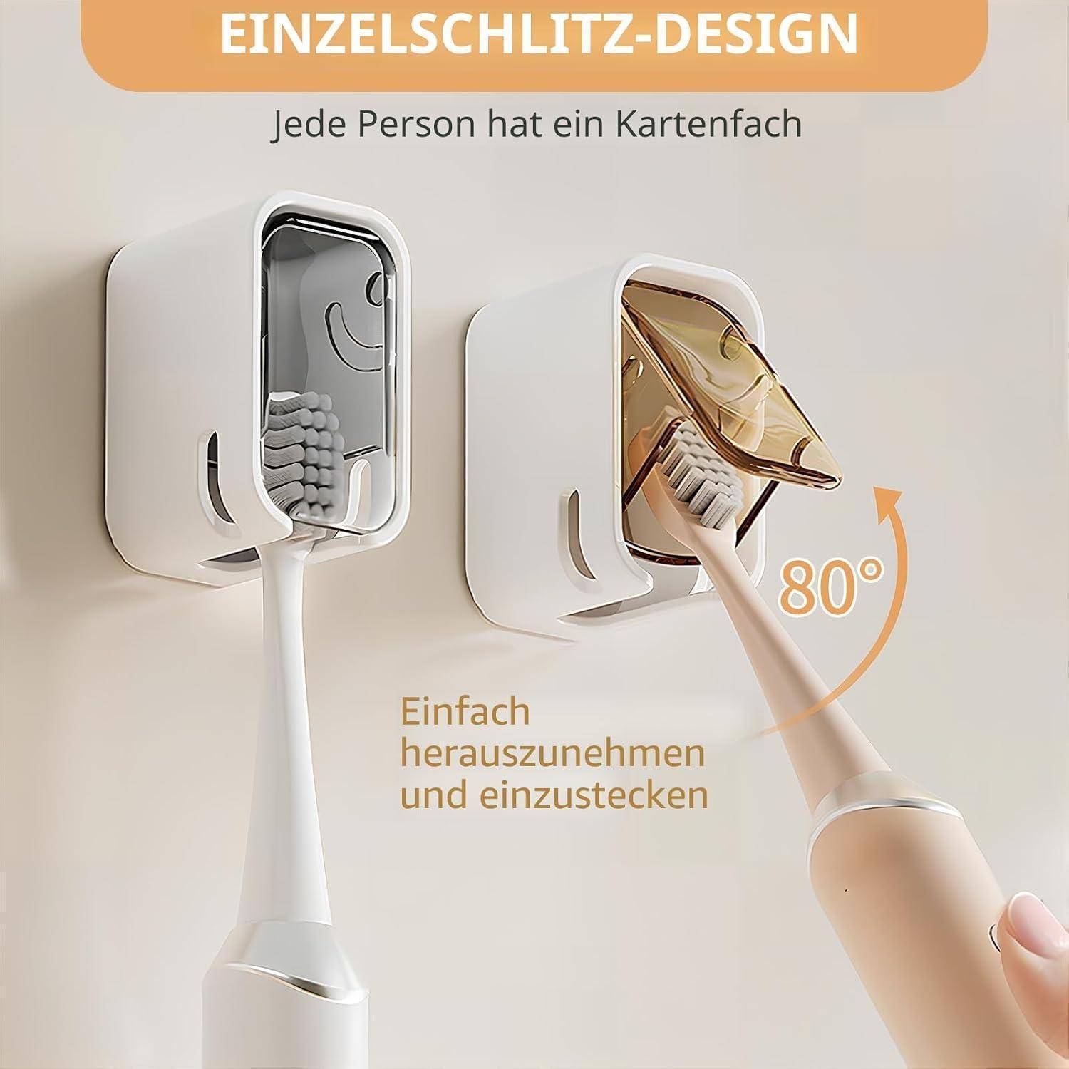Deutsches Produktgrafik zeigt wandmontierte Zahnbürstenhalter mit einzelnem Fach; eine Bürste wird entfernt und in einem 80°-Winkel wieder eingesetzt, um einfachen Zugang zu ermöglichen.