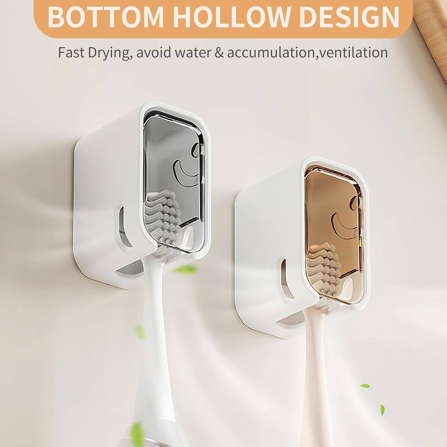 Zwei wandmontierte Zahnbürstenhalter mit verspiegelten Fronten, gekennzeichnet mit „BOTTOM HOLLOW DESIGN