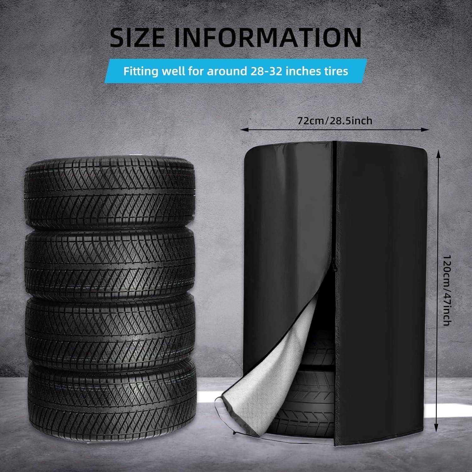 Größeninformationen-Grafik zeigt, dass eine Reifenabdeckung für 28-32 Zoll Reifen passt, mit Abmessungen von 72 cm Breite und 120 cm Höhe neben gestapelten Reifen.