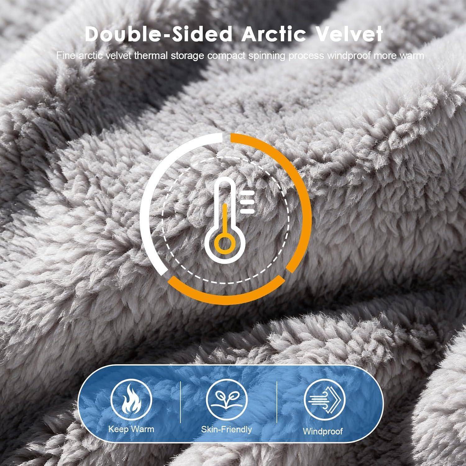 Grauer Plüschstoff in Nahaufnahme mit der Beschriftung „Double-Sided Arctic Velvet