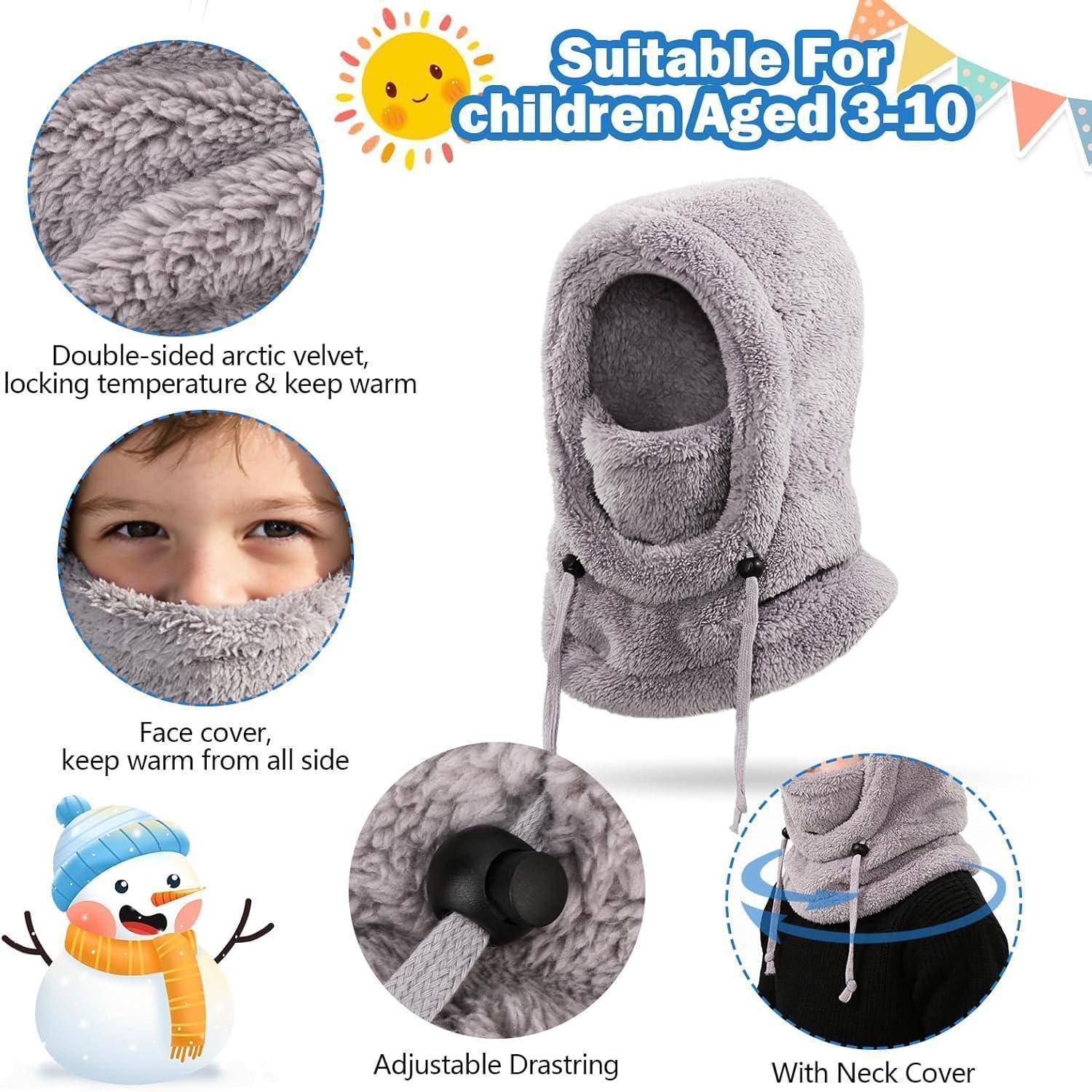 Produktbild einer grauen Fleece-Kindermütze mit Gesichtsschutz mit der Aufschrift „Geeignet für Kinder im Alter von 3-10 Jahren
