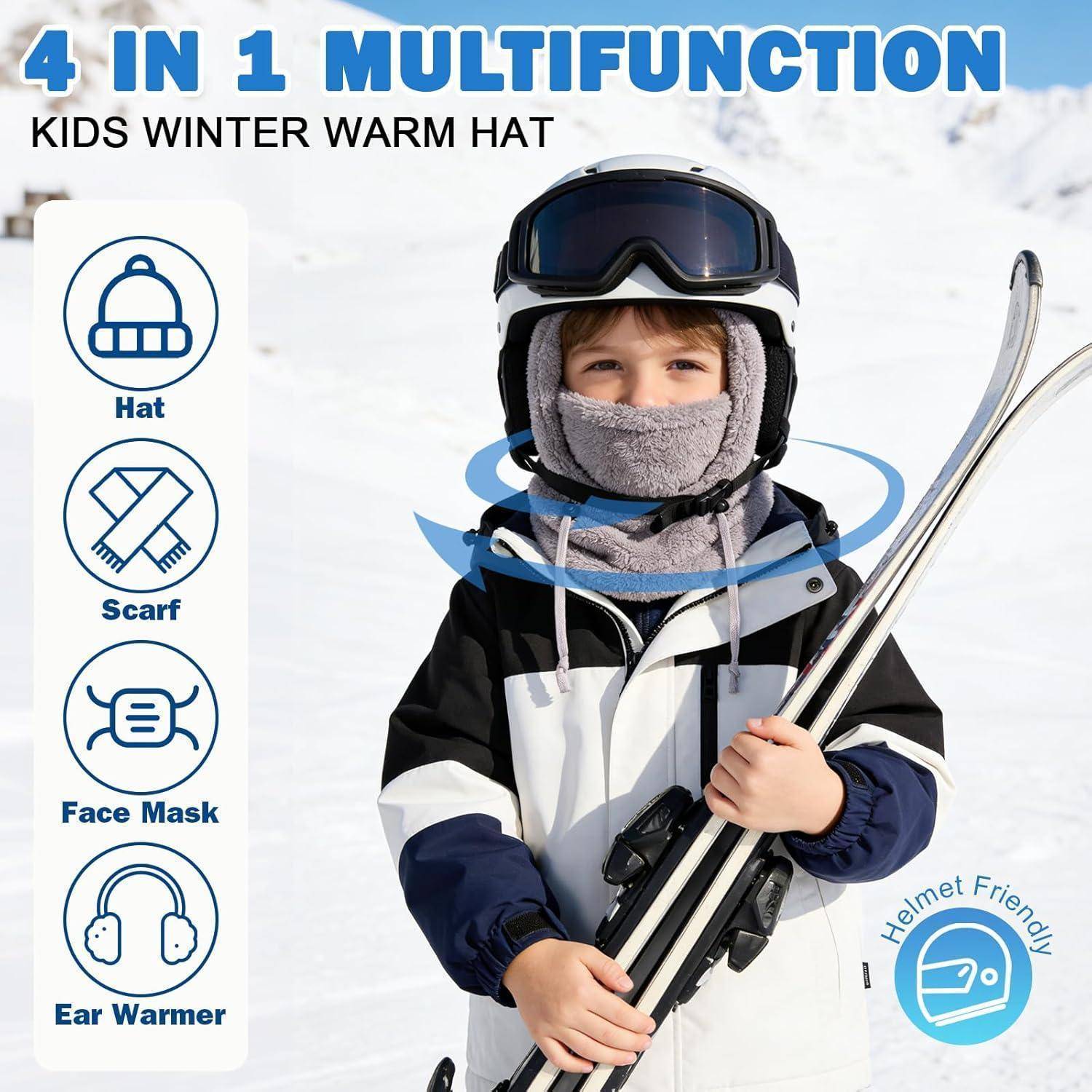 Werbebild eines Kindes in Skiausrüstung, das eine 4-in-1-Wintermütze trägt, die als Mütze, Schal, Gesichtsmaske und Ohrenwärmer dient, und das Skier hält.