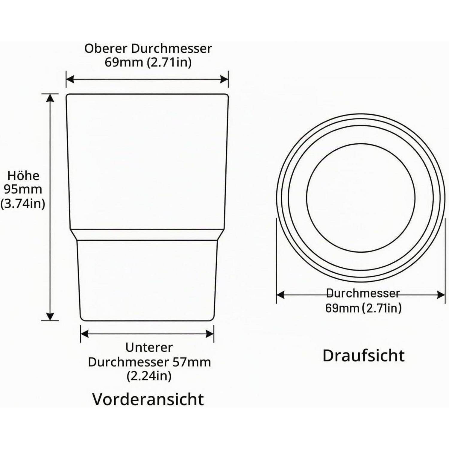 # Technische Maßzeichnung eines konischen Bechers: Vorderansicht und Draufsicht, beschriftet auf Deutsch mit einer Höhe von 95 mm, oberem Durchmesser von 69 mm, unterem Durchmesser von 57 mm und oberen Durchmesser von 69 mm.