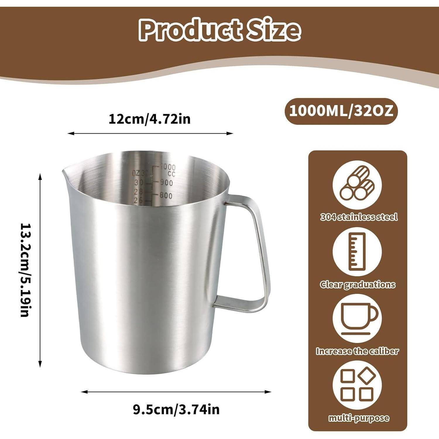 Produktgrößendiagramm eines Edelstahl-Messbehälters, 1000 ml/32 oz, mit den Abmessungen 12 cm Breite, 13,2 cm Höhe und 9,5 cm Sockelbreite, mit klaren Skalierungen und Griff.