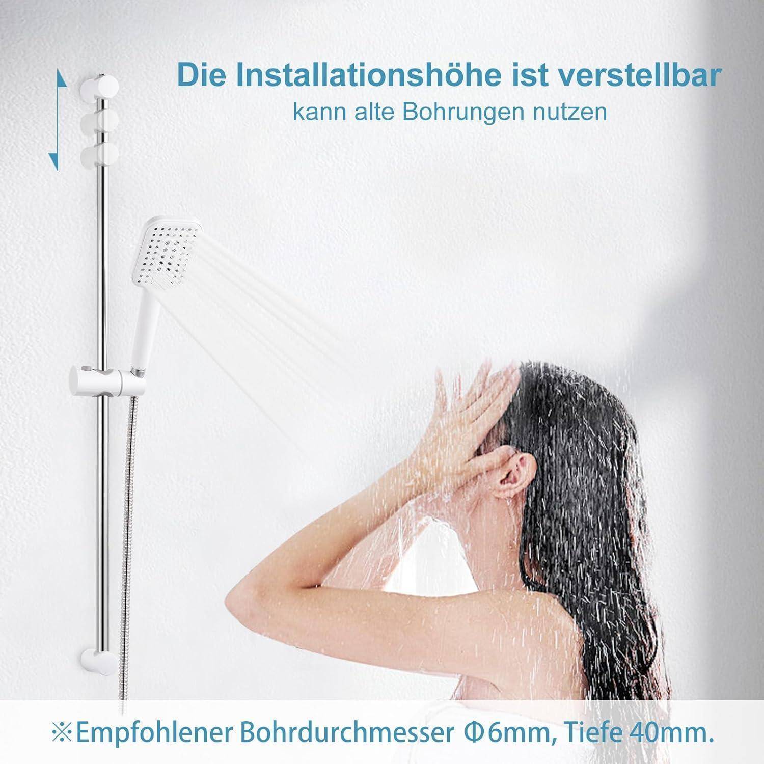 Werbebild eines Duschanlagensets: Eine Frau duscht unter einem Handbrausekopf an einer höhenverstellbaren Schiene; deutscher Text weist darauf hin, dass vorhandene Löcher wiederverwendet werden können und empfiehlt 6-mm-Bohrungen mit 40 mm Tiefe.