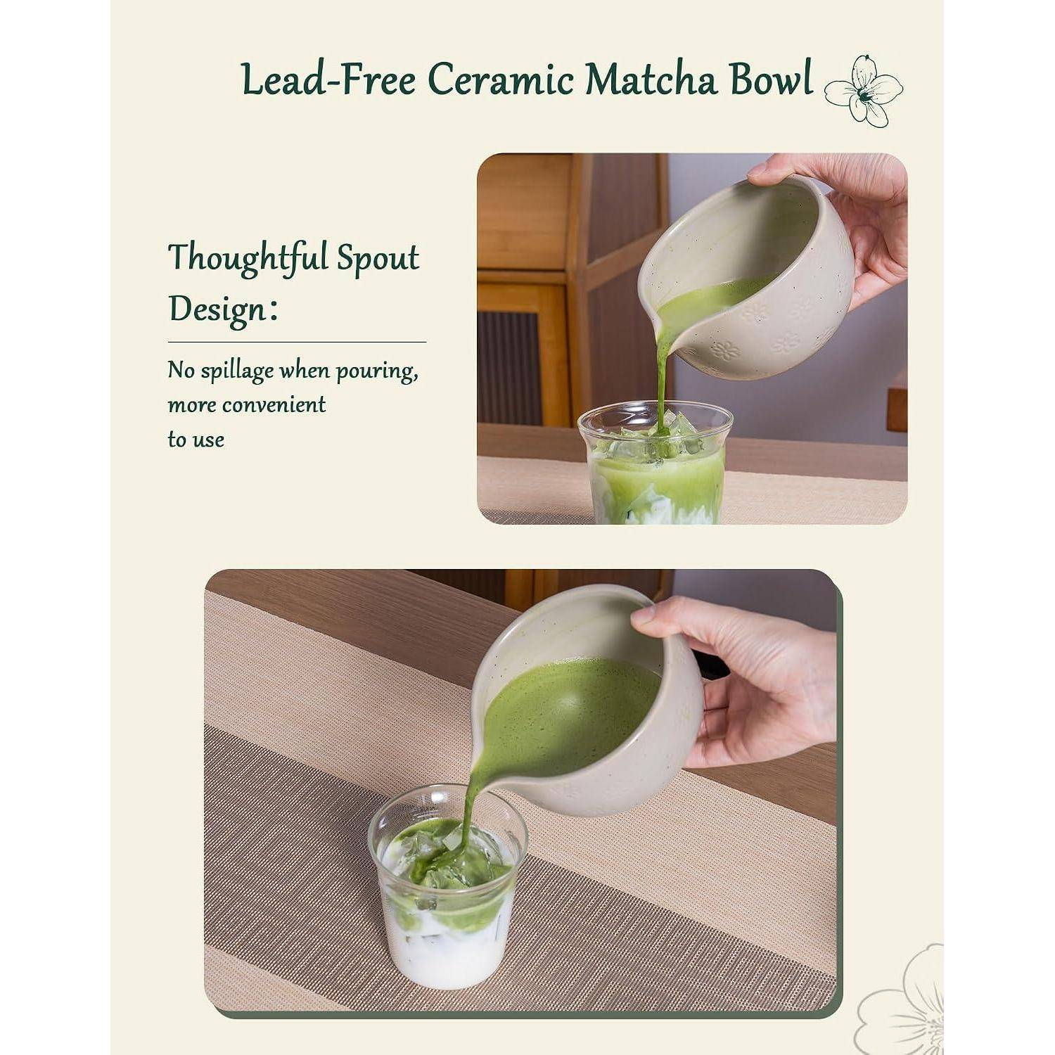 Werbebild einer bleifrei keramischen Matcha-Schale mit durchdachtem Ausgießer, das zeigt, wie grüner Matcha ohne zu verschütten in ein Glas gegossen wird.