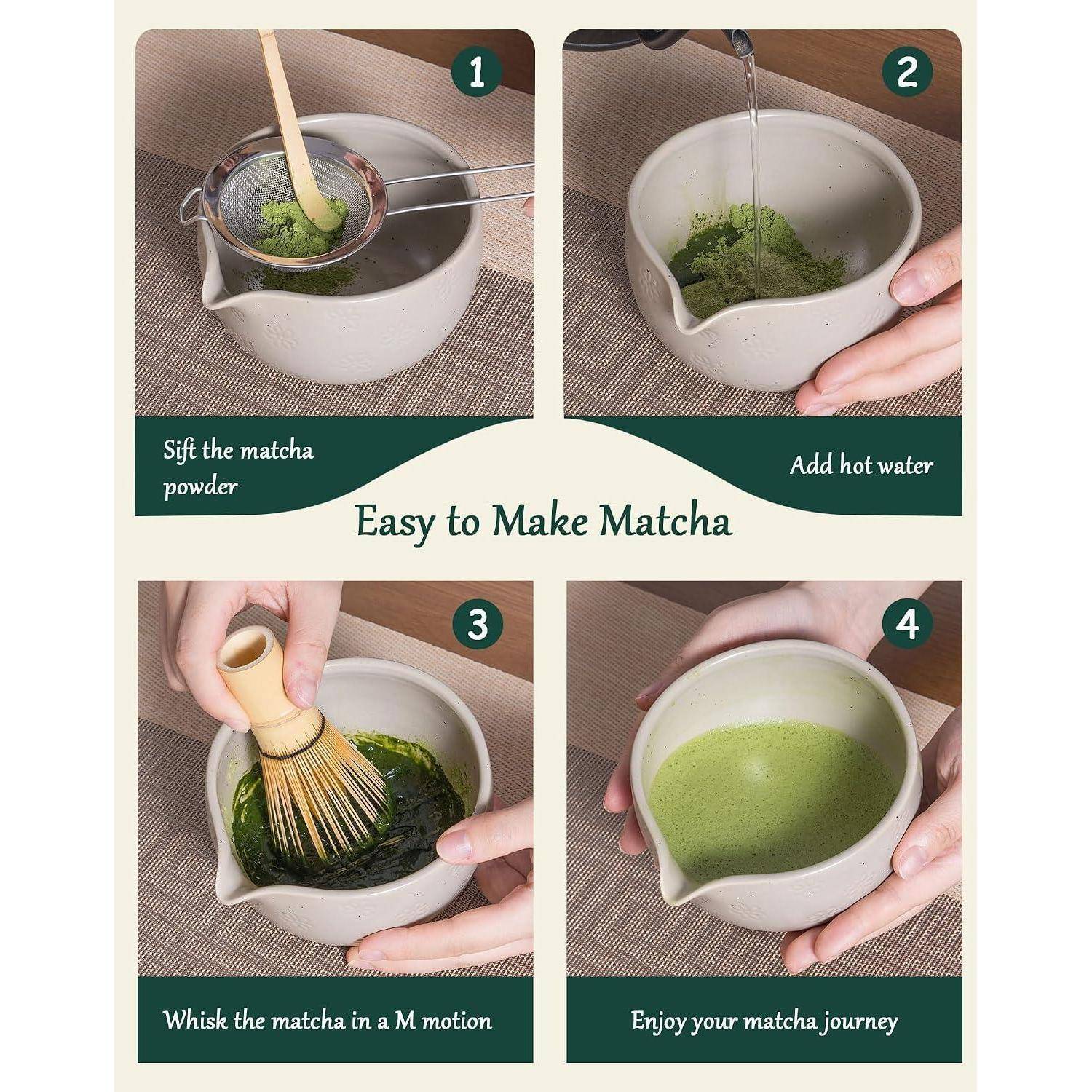 Vier-Schritte-Anleitung zur Matcha-Zubereitung: Matcha-Pulver sieben, heißes Wasser hinzufügen, in einer M-Bewegung aufschlagen, dann das fertige Getränk genießen.