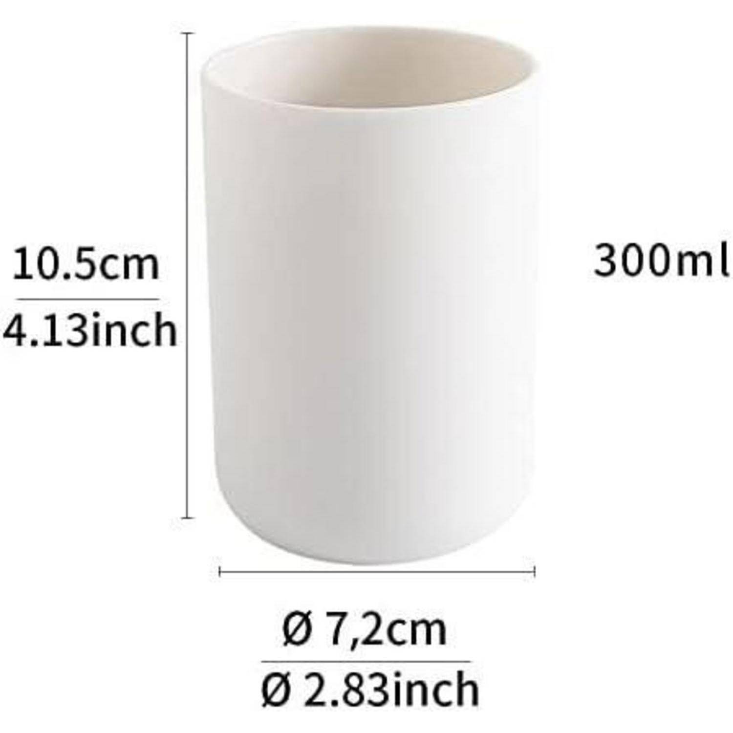 Weiße zylindrische Tasse mit den folgenden Abmessungen: 10,5 cm Höhe, 7,2 cm Durchmesser, 300 ml Fassungsvermögen.