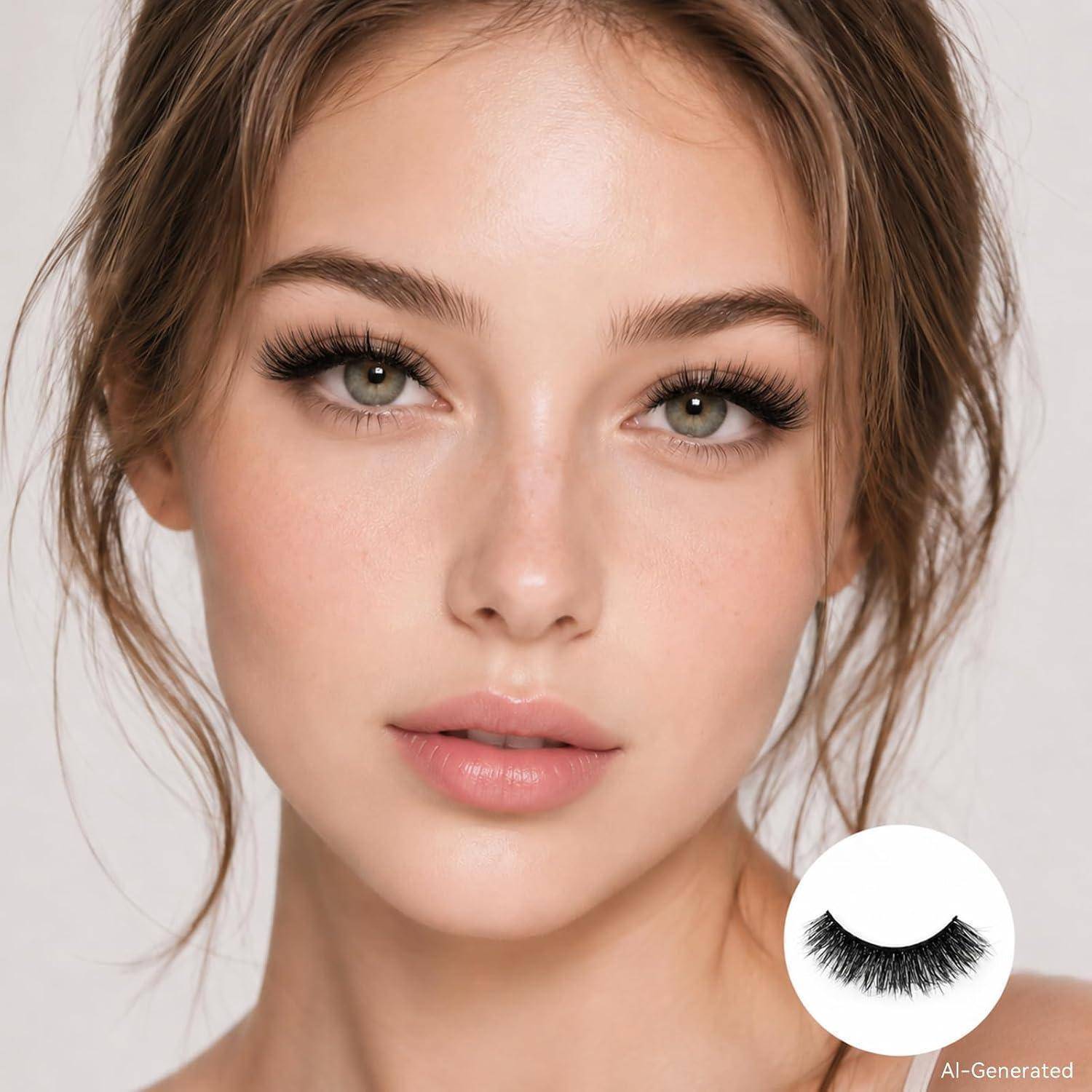 Nahaufnahme eines Porträts einer Frau mit natürlichem Make-up und langen Wimpern, mit einer kleinen Einführung, die Wimpernverlängerungen mit künstlichen Wimpern zeigt.