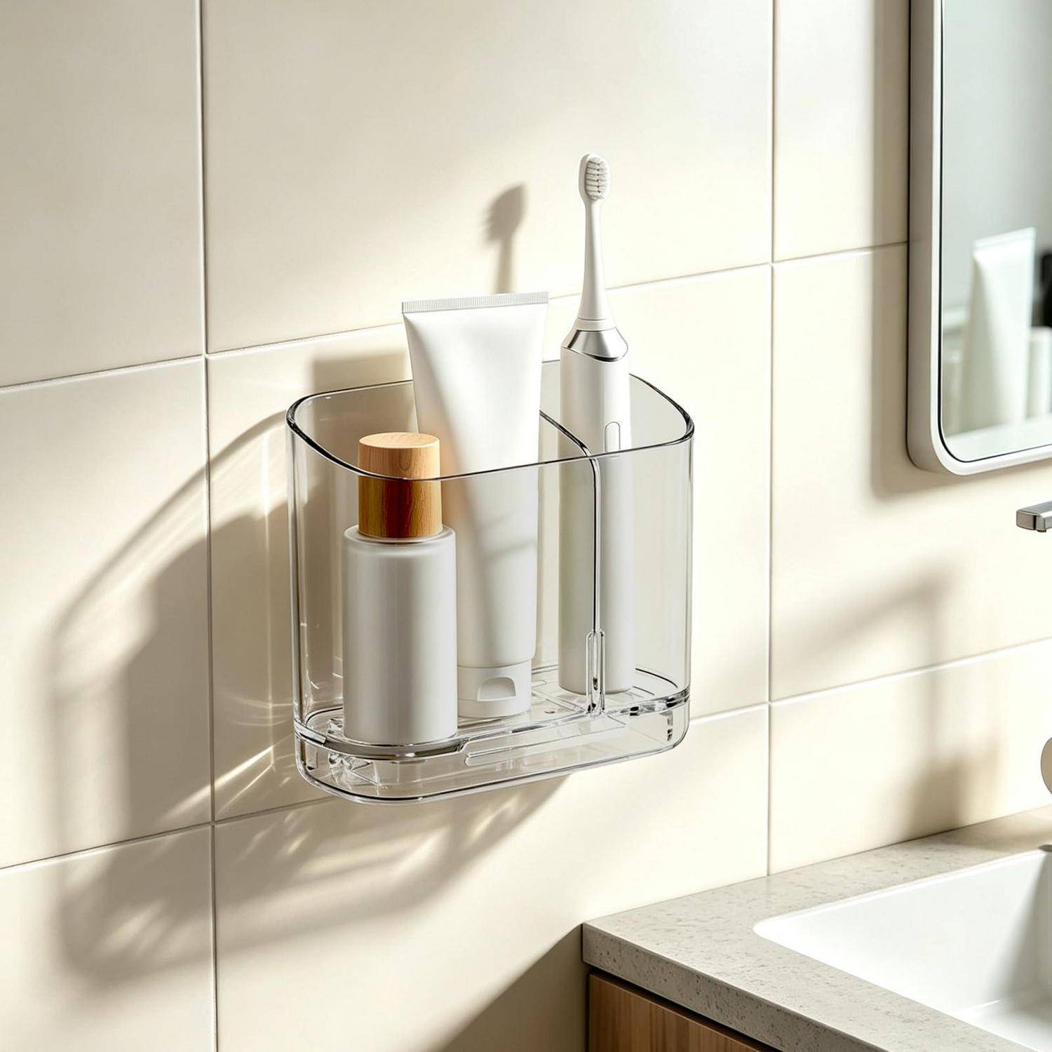 Wandmontierter transparenter Badezimmerorganizer, der eine Zahnbürste, Zahnpasta und eine Flasche neben einem Waschbecken und Spiegel hält.