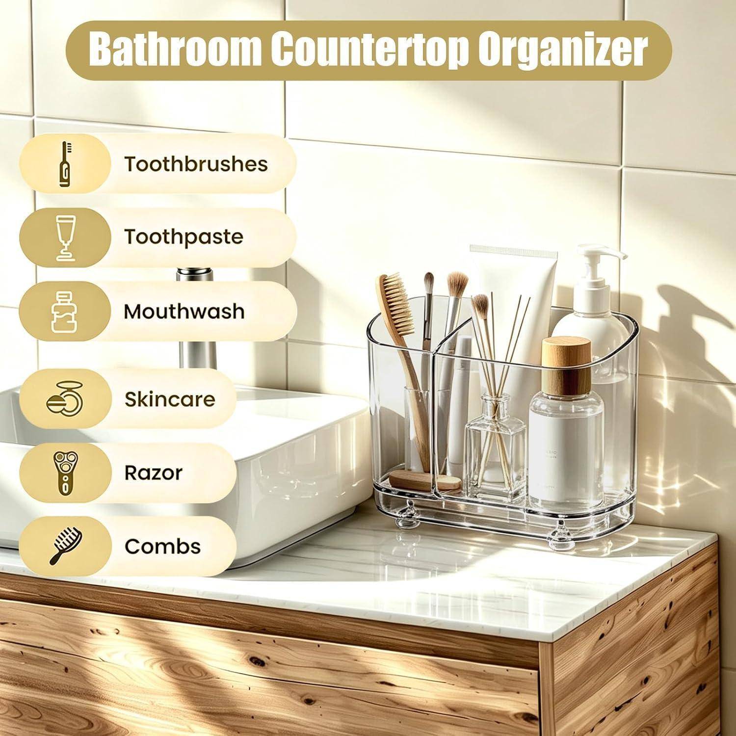 Badezimmer-Arbeitsplattenorganizer, der Zahnbürsten, Zahnpasta, Mundwasser, Hautpflege, Rasierer und Kämme neben einem Waschbecken hält.