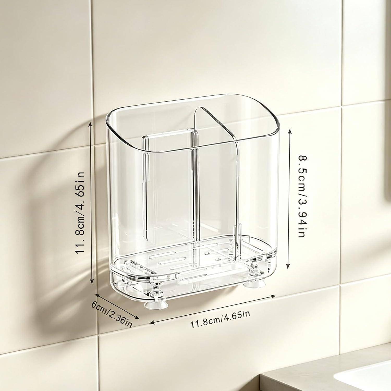 Transparenter rechteckiger wandmontierter Behälter mit beschrifteten Abmessungen: 11,8 cm breit, 6 cm tief und 8,5 cm hoch.