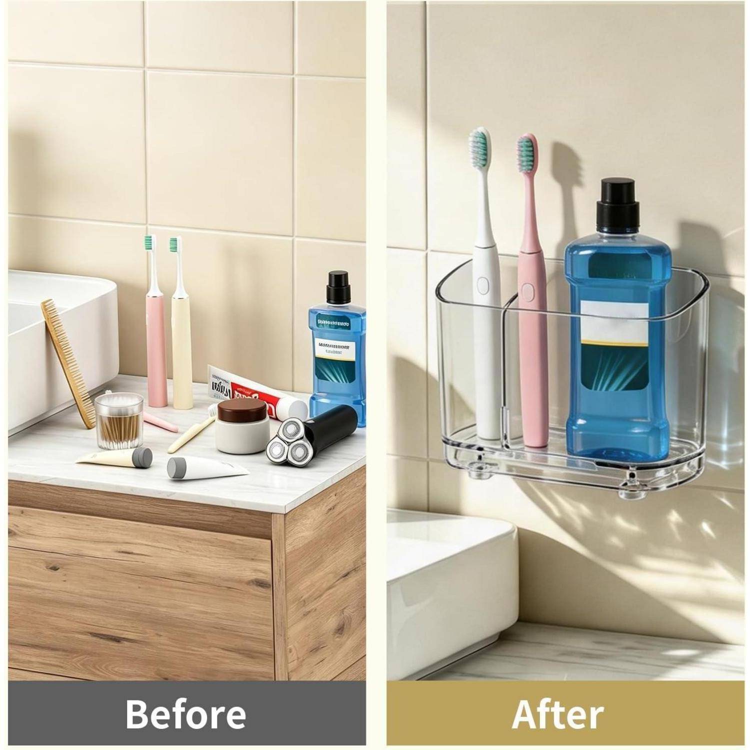 Badezimmerablage vorher und nachher Organisation: Lose Zahnbürsten, Rasierer und Produkte werden durch einen wandmontierten durchsichtigen Behälter mit zwei Zahnbürsten und einer blauen Flasche ersetzt.
