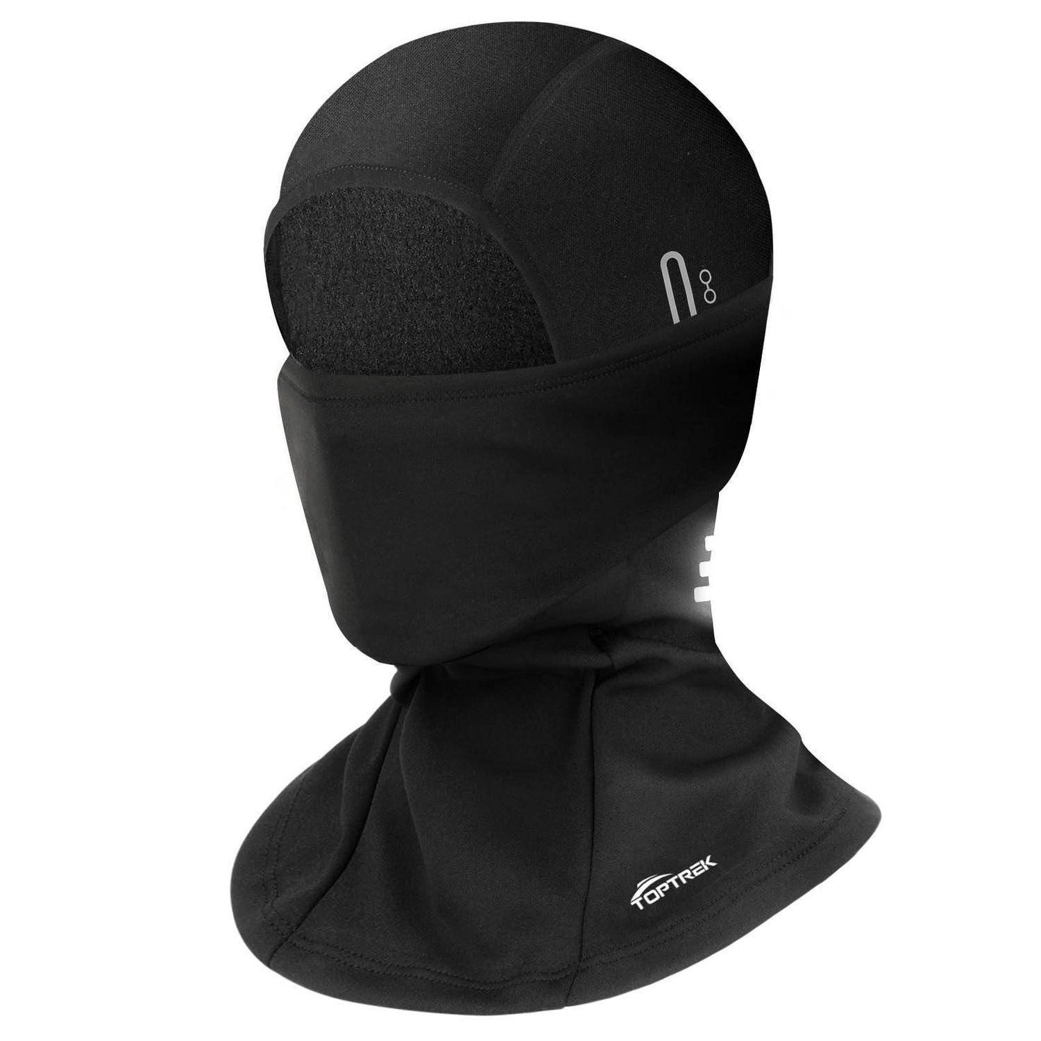 Schwarze isolierte Gesichtsmaske und Nackenmanschette mit Visieröffnung, dargestellt auf weißem Hintergrund.