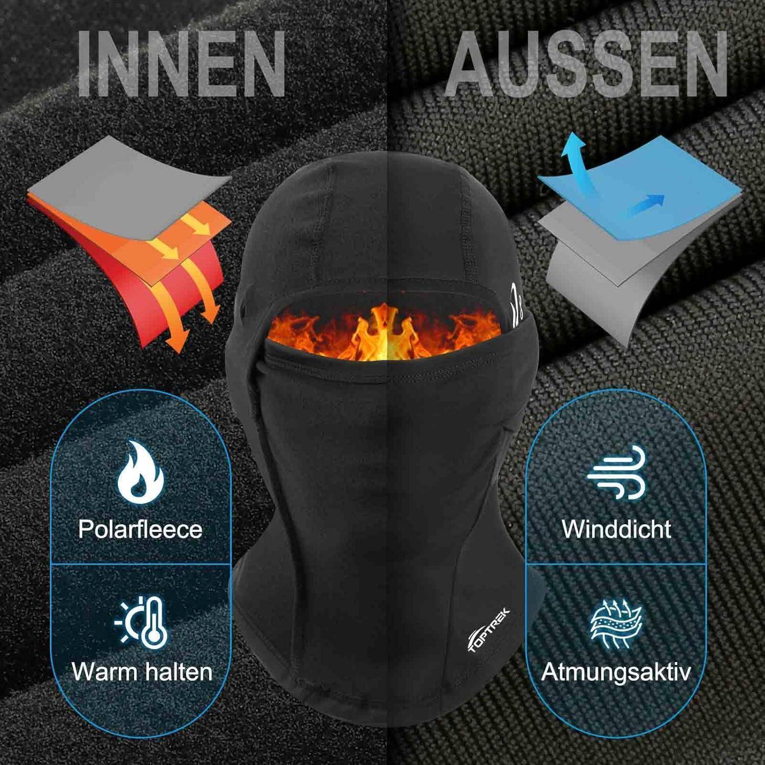 Schwarzer thermischer Gesichtsschutz mit Feuergrafik, zeigt innere/äußere Schichten; gekennzeichnet mit Polarfleece, wärmespeichernd, winddicht und atmungsaktiv.