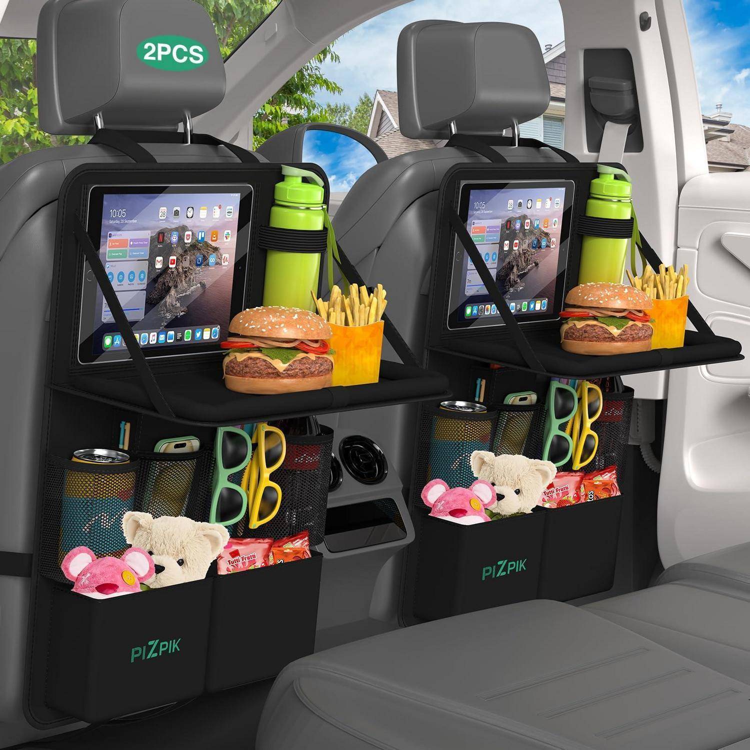Paar Autositz-Organizer-Tabletts für die Rückbank mit Tablet-Haltern, Becherhaltern und Aufbewahrungstaschen, zum Lagern von Getränken, Pommes, Burgern, Sonnenbrillen und Spielzeug für Fahrgäste.