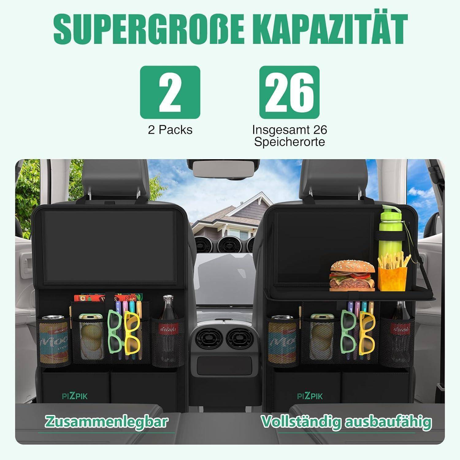 Autositz-Organizer in zwei Packungen mit 26 Aufbewahrungsfächern, faltbar und erweiterbar, für Getränke, Snacks, Sonnenbrillen und eine Flasche.
