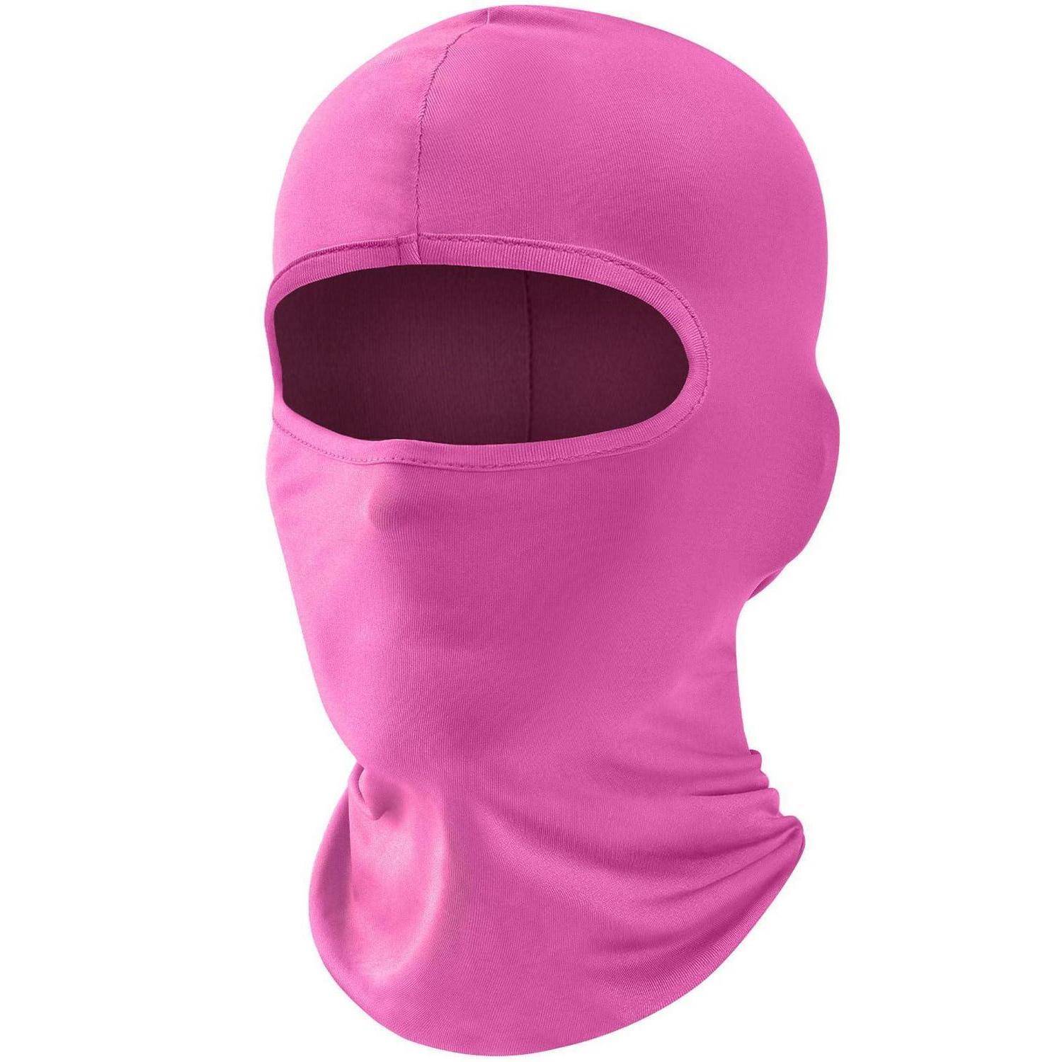 Rosa Sturmhaube mit vollständiger Gesichtsbedeckung und ovalem Augenschlitz auf weißem Hintergrund.