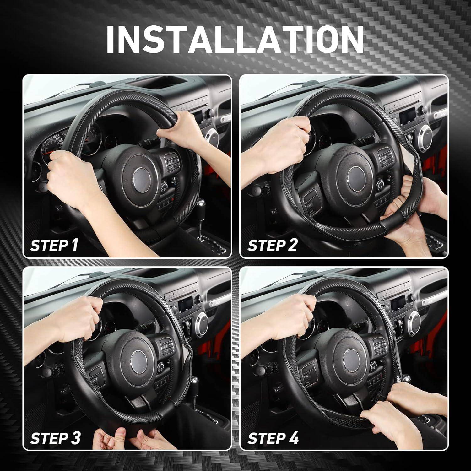Installationsschritte, die Hände zeigen, die eine Lenkradabdeckung auf einem Autolenkrad anbringen, gekennzeichnet mit Schritt 1 bis Schritt 4.