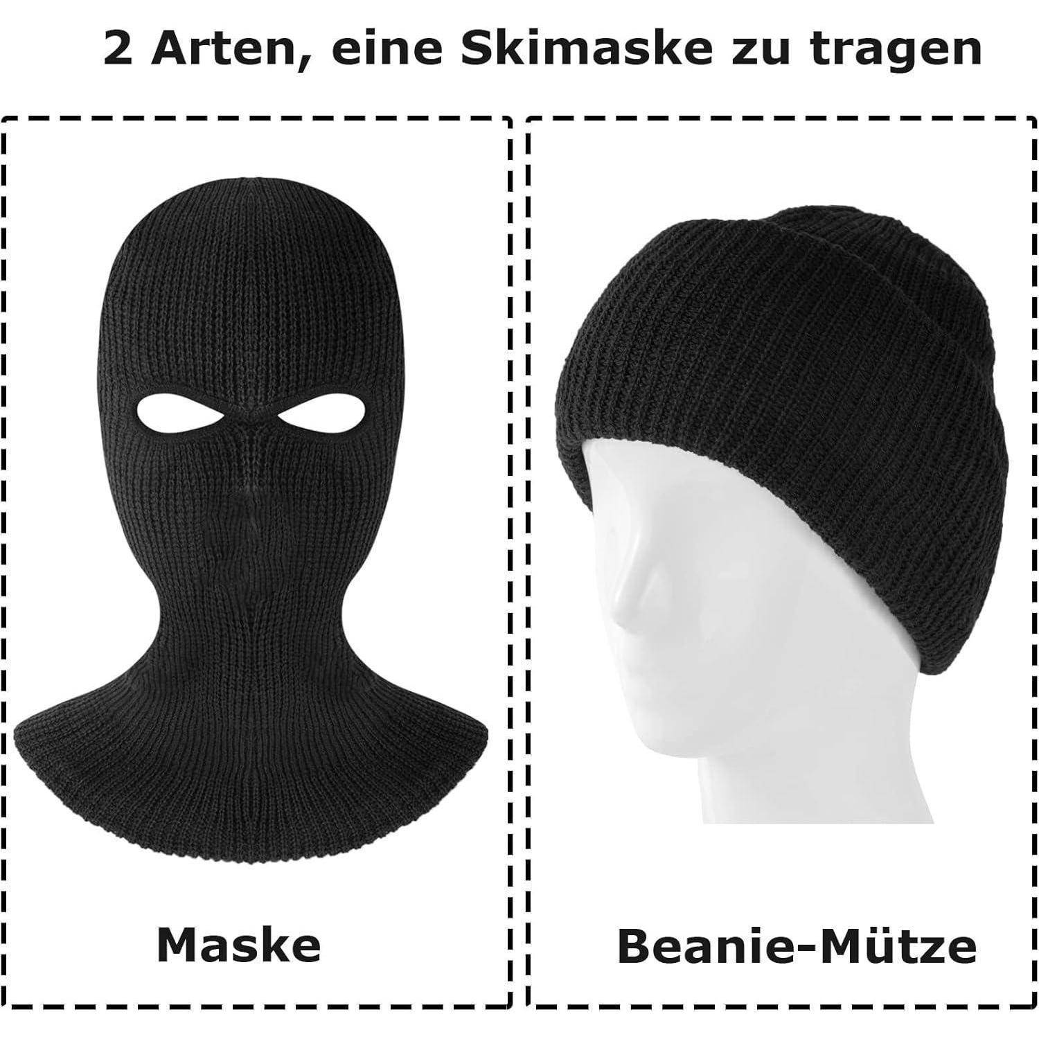 Grafikvergleich zweier Skimaskenstile: „Maske" vollständiger Sturmhaube mit Augenlöchern und „Beanie-Mütze"" Mützen-Gesichtsbedeckung an Schaufensterpuppen.