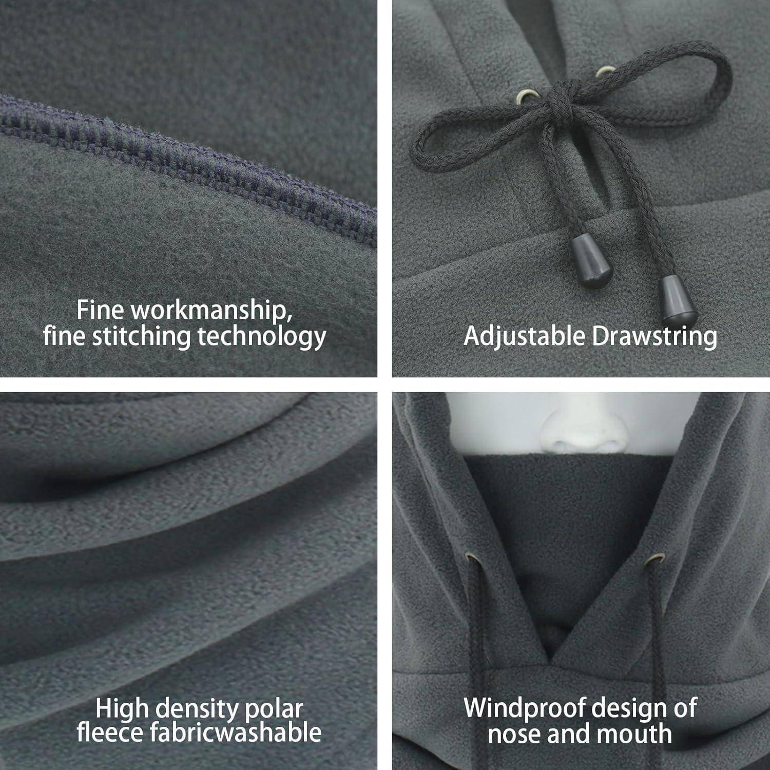 Vier-teilige Nahaufnahme eines grauen Fleece-Kapuzenkleides, die feine Nähte, eine verstellbare Zugschnur, hochdichtes Polar-Fleece und einen windundurchlässigen Nasen- und Mundschutz zeigt.