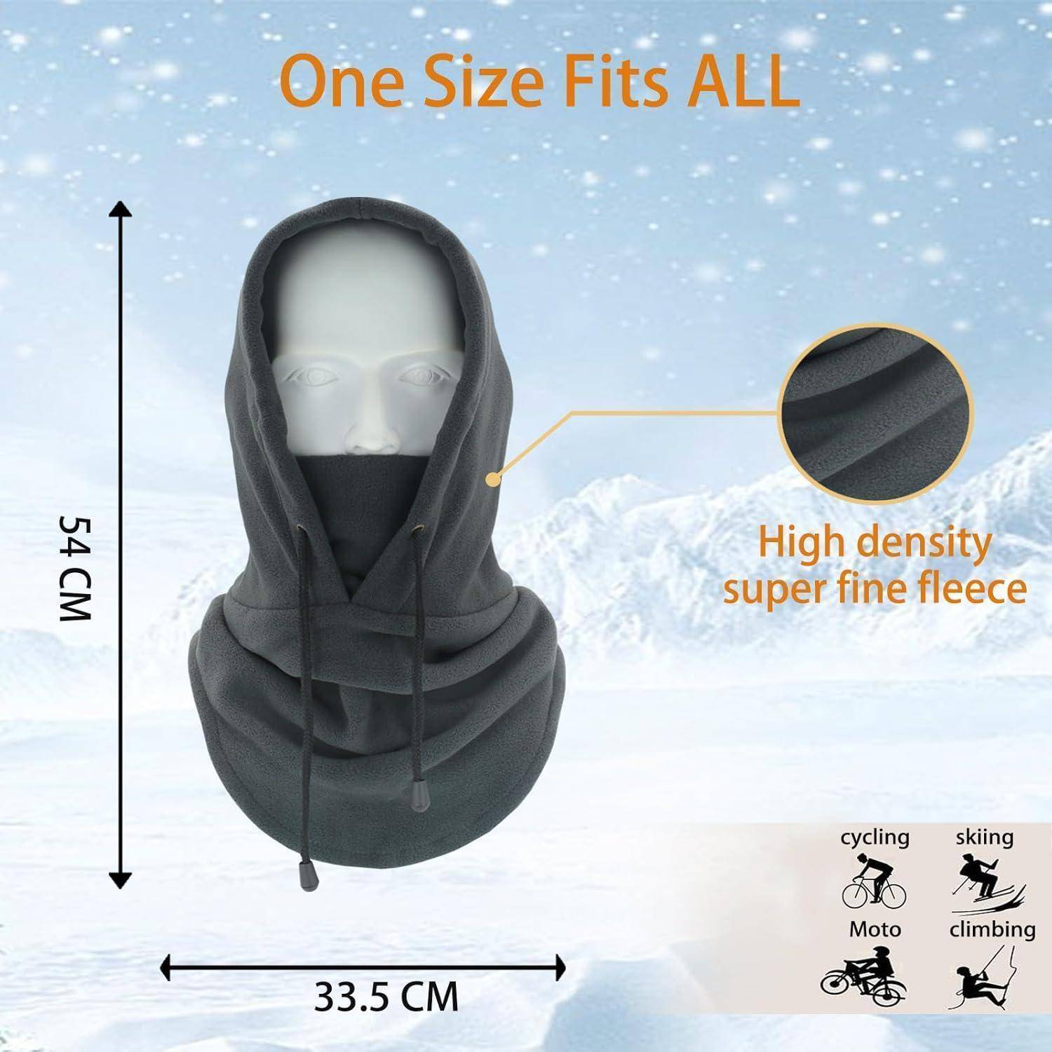 Produktgrafik einer dunkelgrauen Gesichtsmaske mit Kapuze, mit der Aufschrift „One Size Fits All