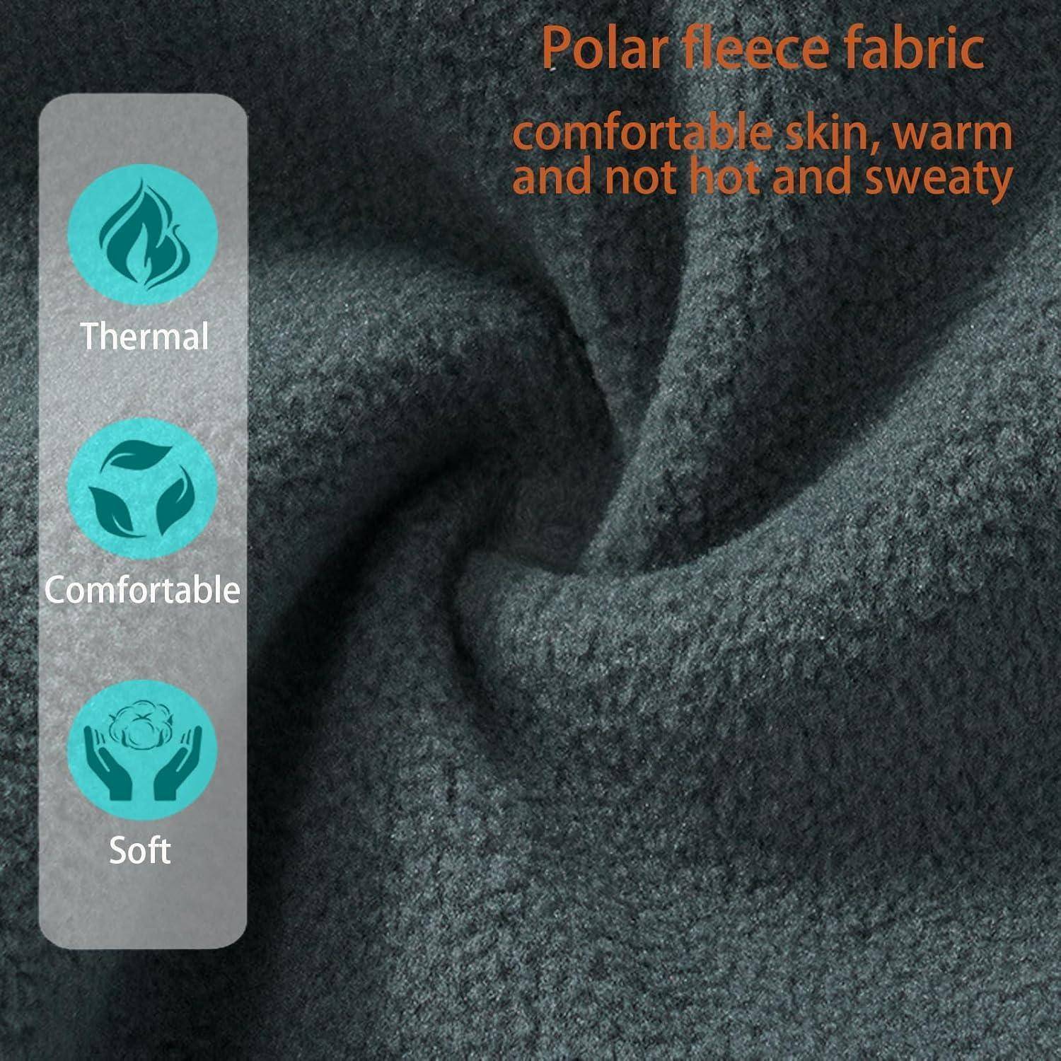 Dunkelgraues Polarfleece-Gewebe in Nahaufnahme mit Beschriftungen für thermisch, komfortabel und weich; Text besagt, dass es bequem, warm und nicht heiß oder verschwitzt ist.