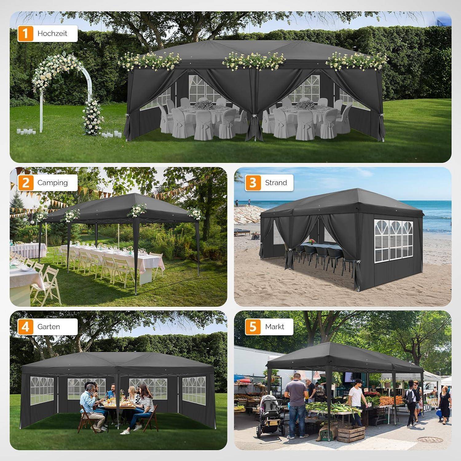 Collage aus fünf schwarzen Pavillonzelten in verschiedenen Verwendungen: Hochzeitsempfang, Camping, Strand, Gartentreffen und Marktstand.