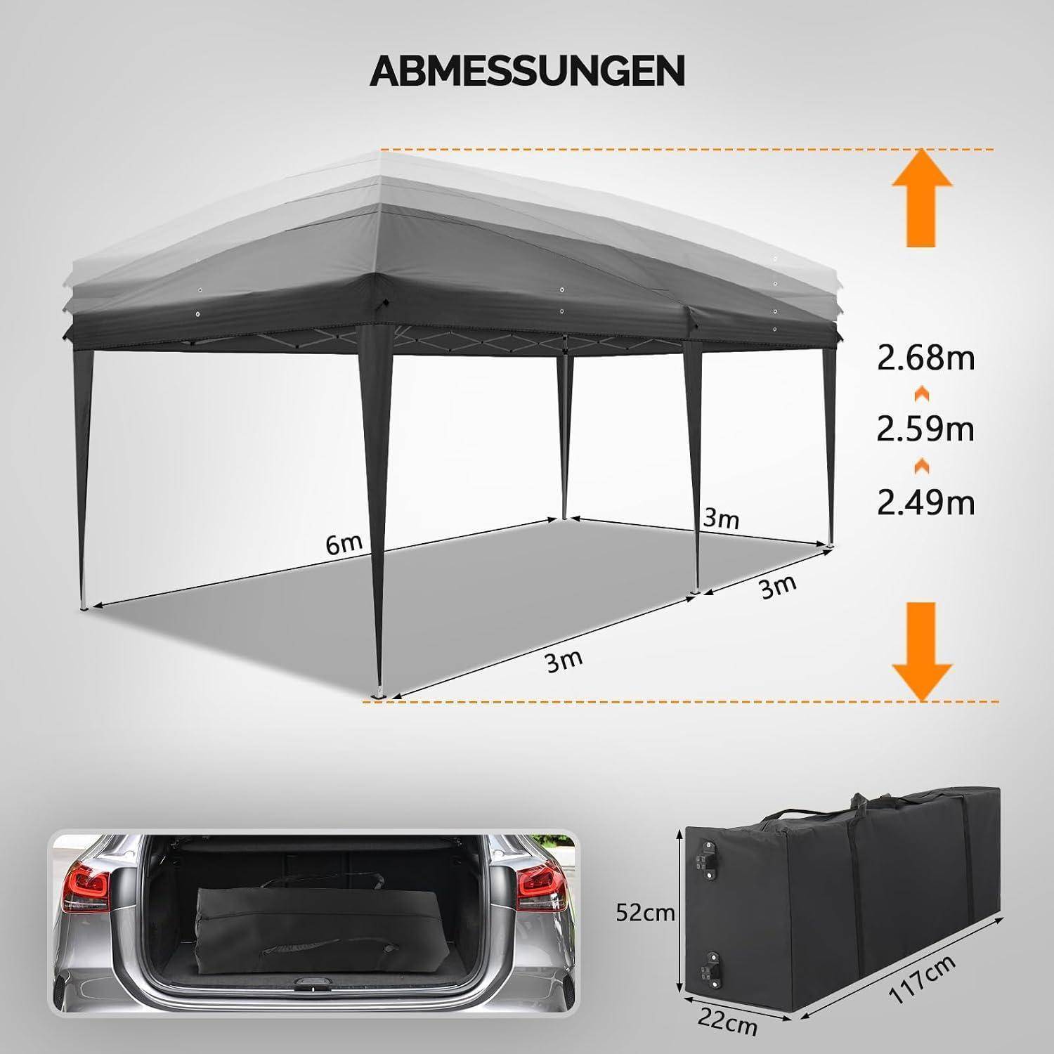Diagramm eines 3m x 6m Pavillon-Zeltes mit Höhenoptionen 2,49m, 2,59m und 2,68m, sowie Packgröße 117cm x 22cm x 52cm im Kofferraum eines Autos.