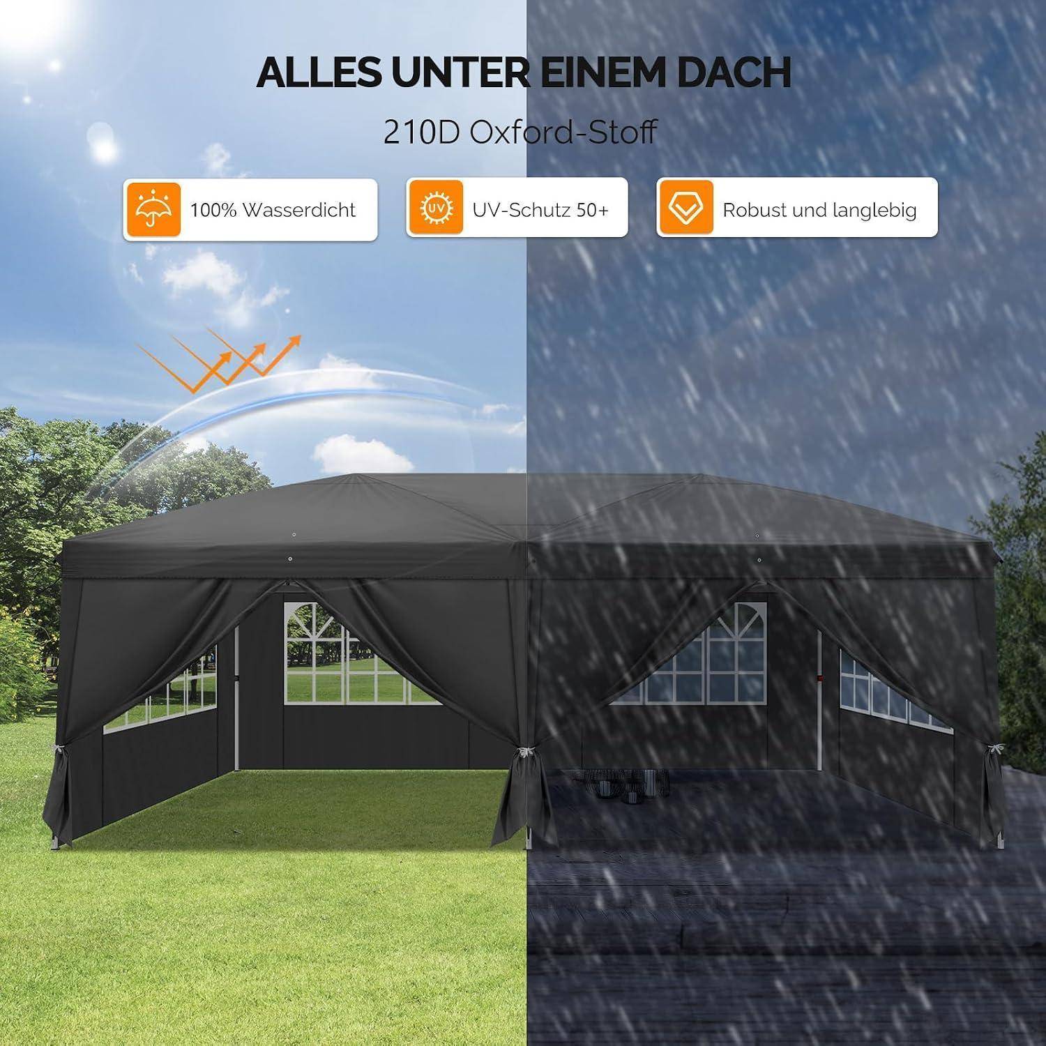 Split-View-Anzeige eines schwarzen Pop-Up-Pavillons in Sonne und Regen, Bewerbung von „Alles unter einem Dach", 210D Oxford-Gewebe, 100% wasserdicht, UV 50+, langlebig.