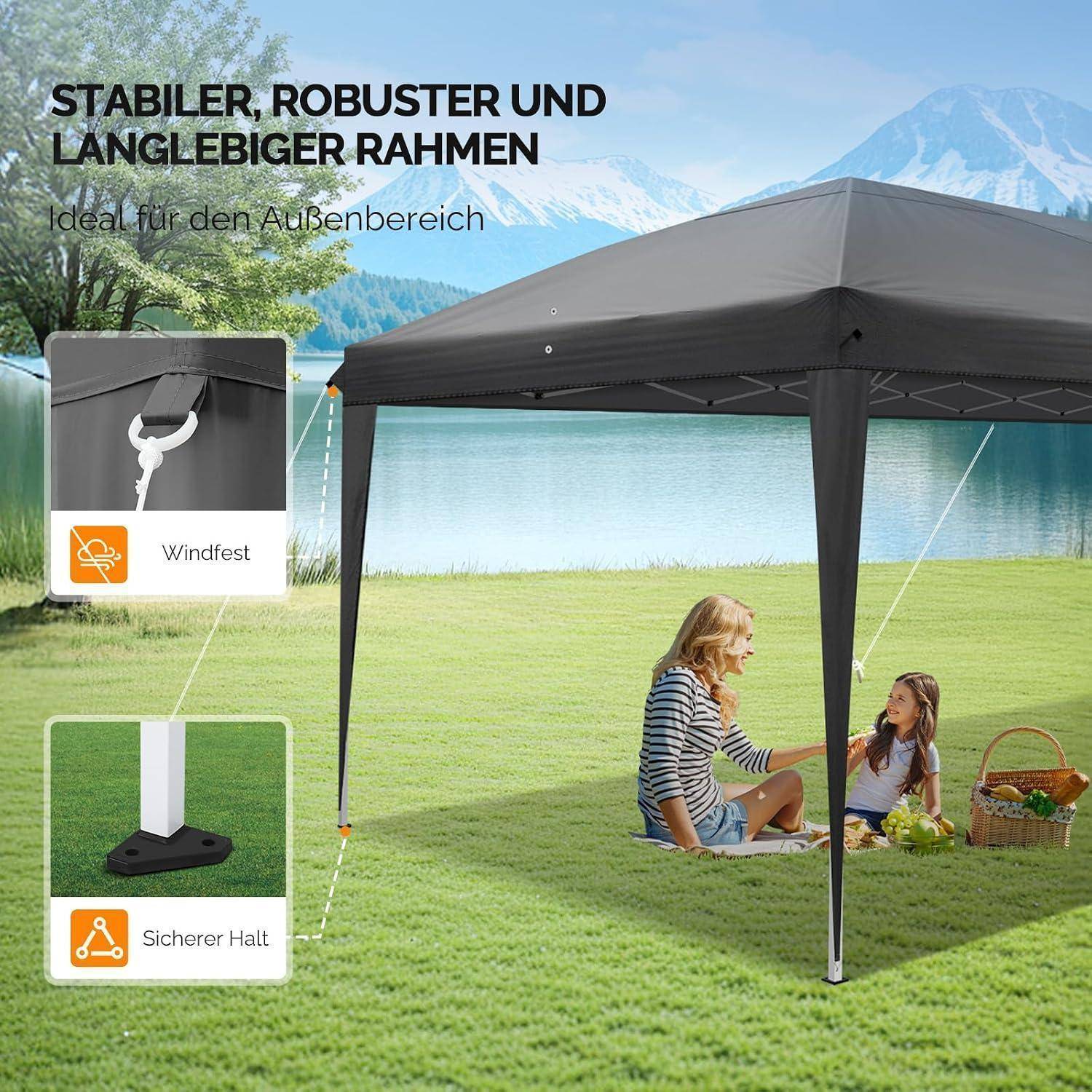Outdoor-Baldachin mit zwei Frauen, die auf einer Picknickdecke sitzen; deutscher Text sagt „stabiler, robuster und langlebiger Rahmen" und hebt winddichten und sicheren Halt hervor.