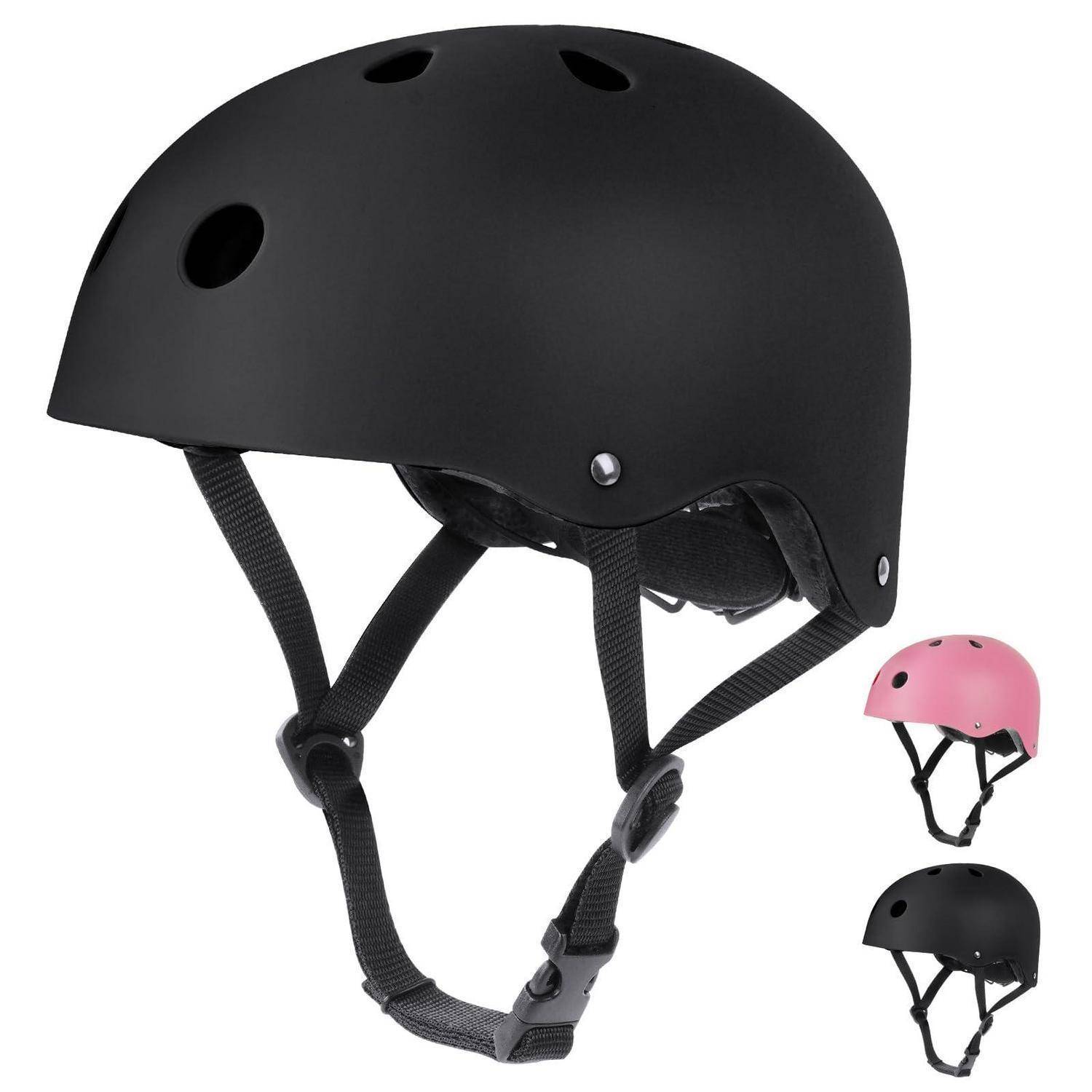 Schwarzer Fahrradhelm mit Kinnriemen, gezeigt mit kleineren Varianten in Rosa und Schwarz.