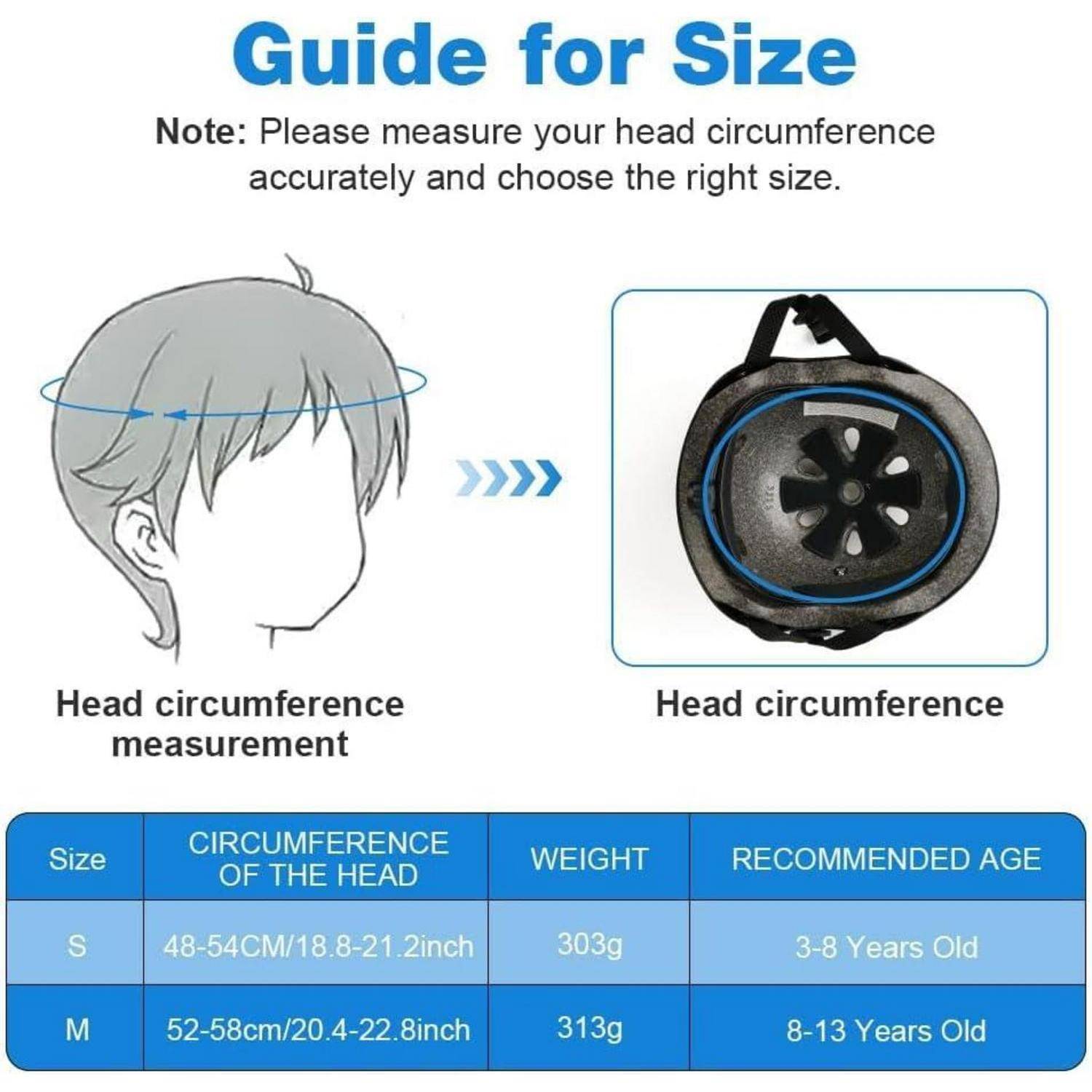 Größenleitfaden für einen Helm: Kopfumfang messen, um die Größe S (48-54 cm, 303 g, Alter 3-8 Jahre) oder M (52-58 cm, 313 g, Alter 8-13 Jahre) zu wählen.