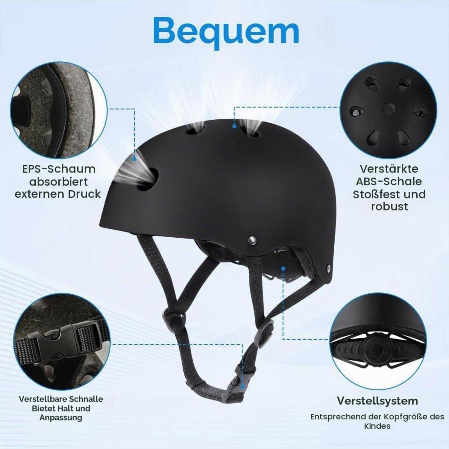 Diagramm eines Kinderhelms mit der Bezeichnung „Bequem
