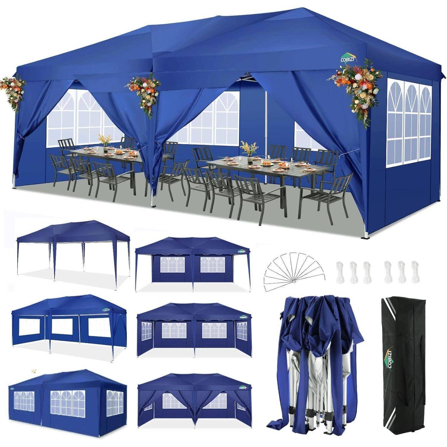 Blauerzelt-Pavillon mit Seitenelementen und Blumendekoration, montiert mit Tischen und Stühlen, mehrere Seitenansicht-Paneele und Aufbewahrungstaschen.