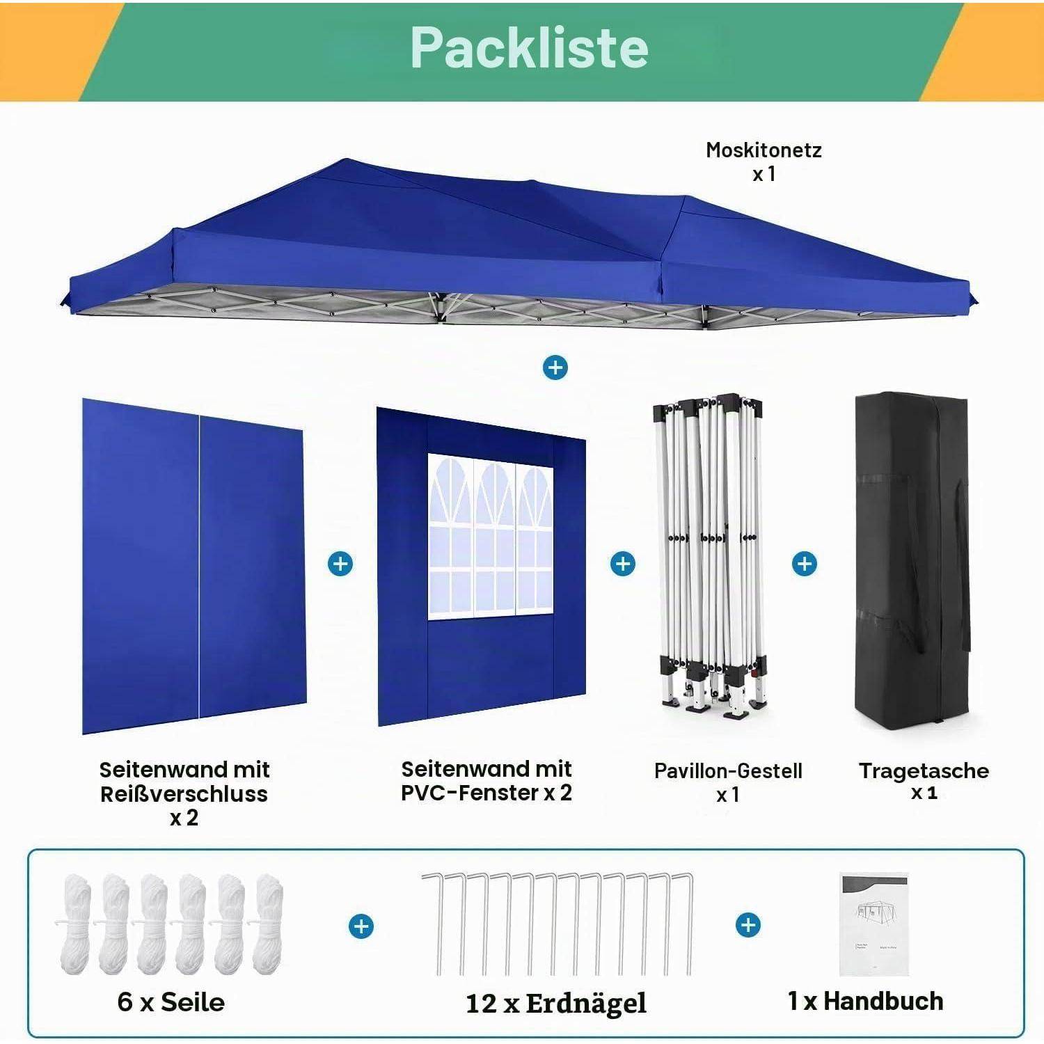 Packing list for a blue pavilion: mosquito net, 2 side walls with zipper, 2 with PVC windows, frame, carry bag, 6 ropes, 12 ground pegs, manual.